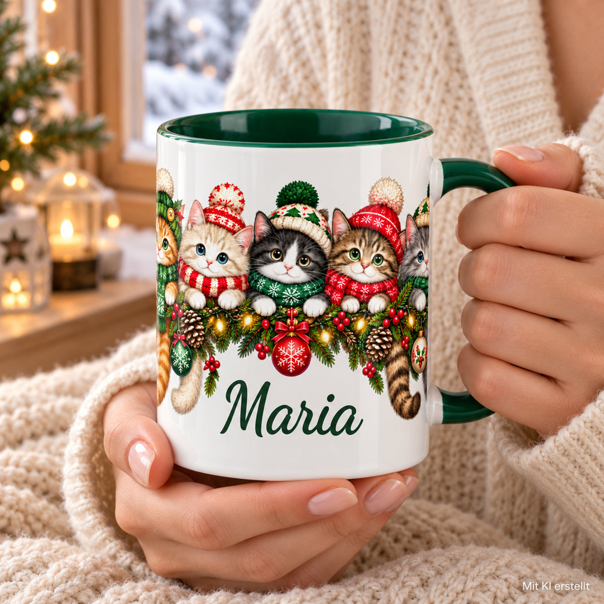 Zwei Hände halten die grün-weiße Weihnachtstasse mit Katzen und Wunschname vor einem Strickpullover; Kennzeichnung Mit KI erstellt.