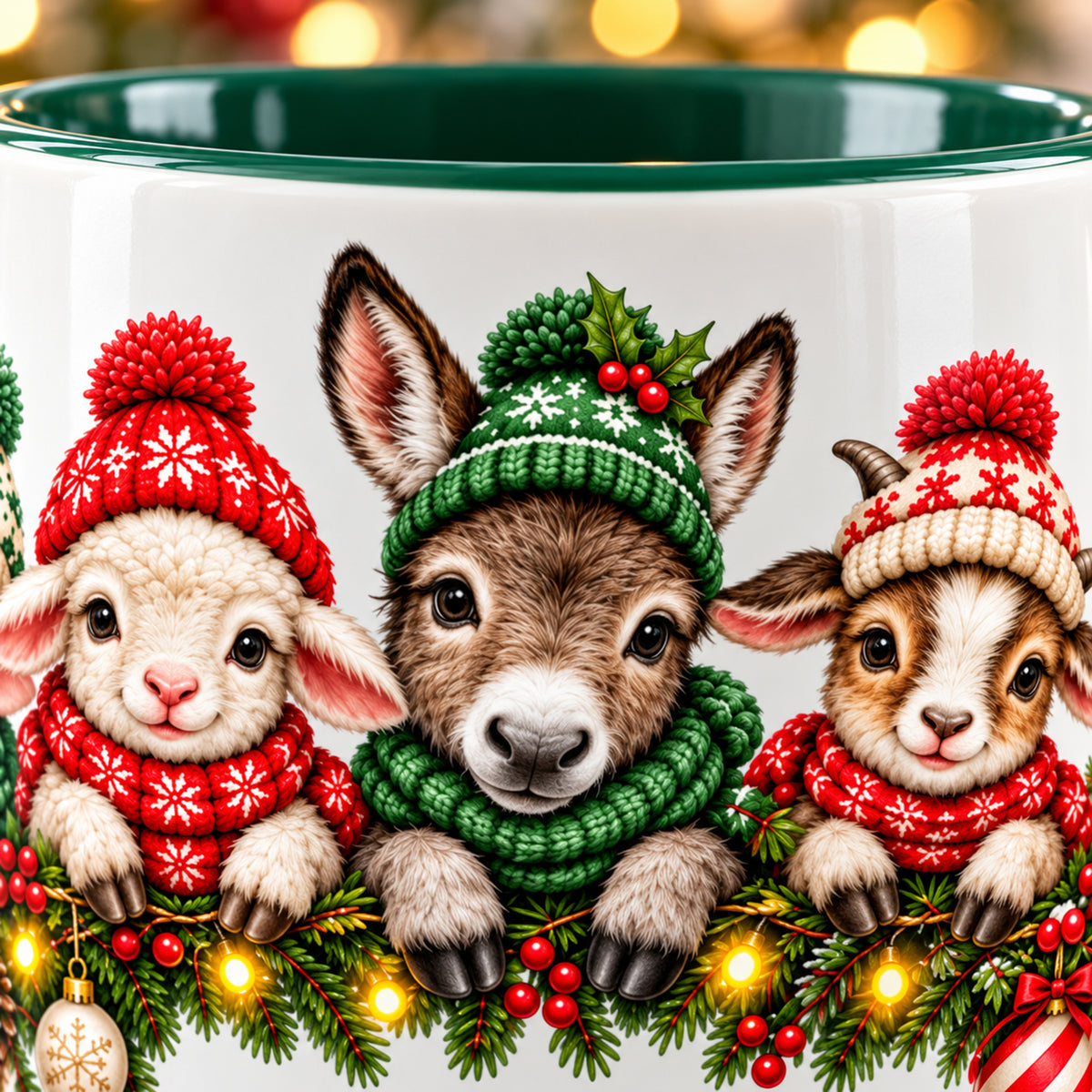 Nahaufnahme der gedruckten Weihnachtsmotive mit Bauernhoftieren, Strickmützen und Tannengrün unter dem feinen grünen Tassenrand.