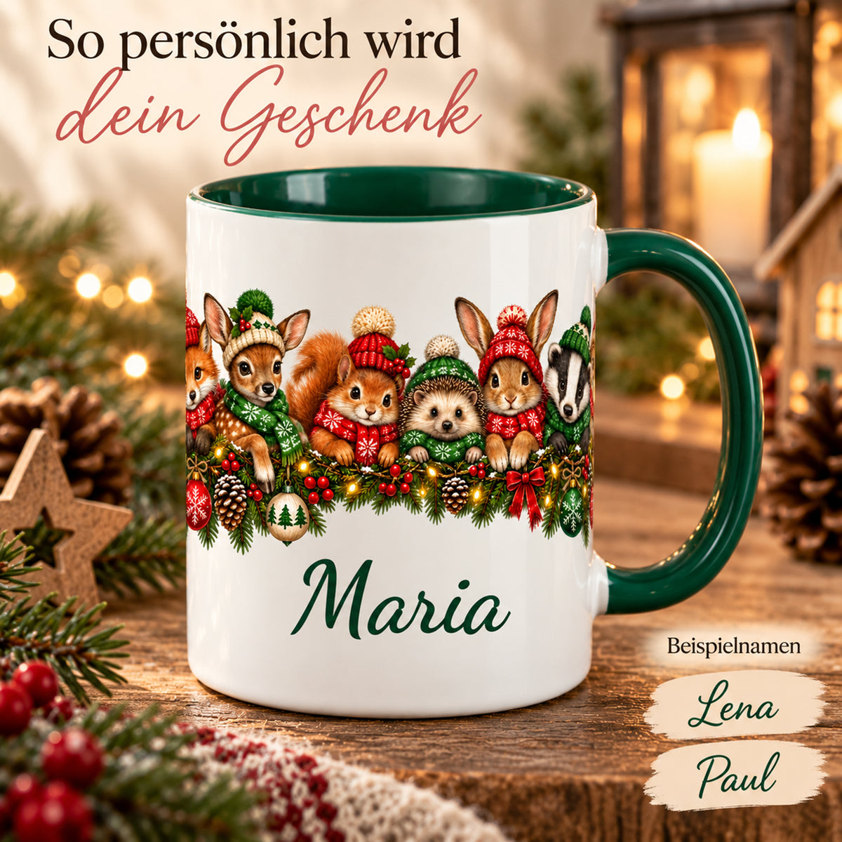 Waldtier-Tasse mit Wunschname und Schriftbeispielen für die Personalisierung.