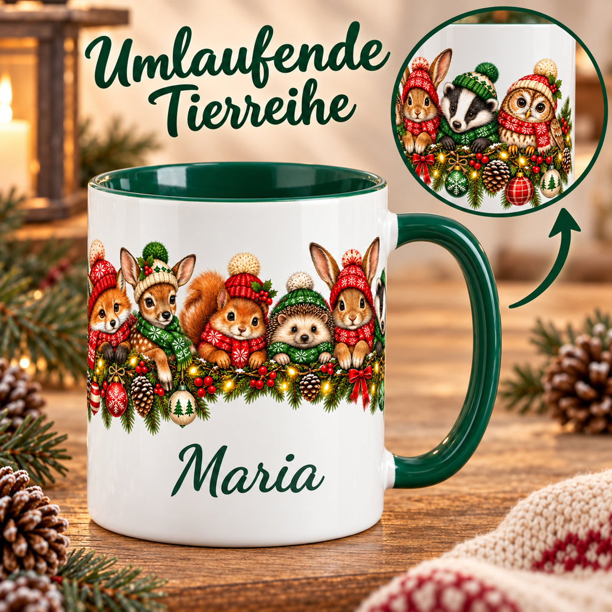 Waldtier-Tasse mit umlaufender Tierreihe und vergrößertem Ausschnitt der rechten Motivseite.