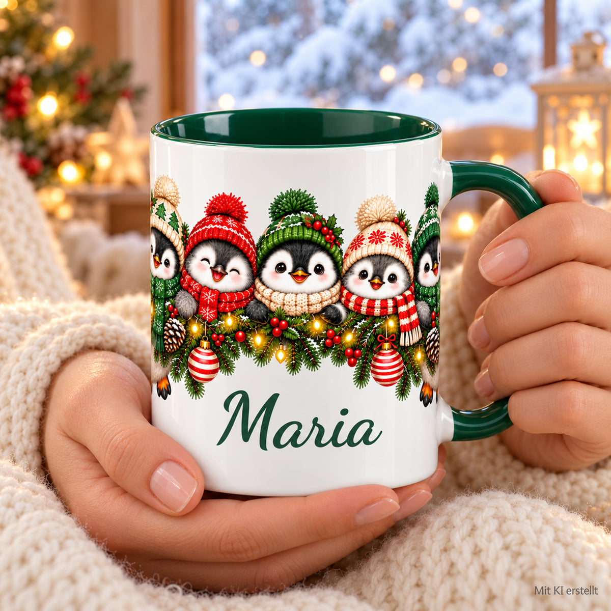 Pinguin-Tasse mit Wunschname, von zwei Händen gehalten; grüner Henkel und grünes Inneres.