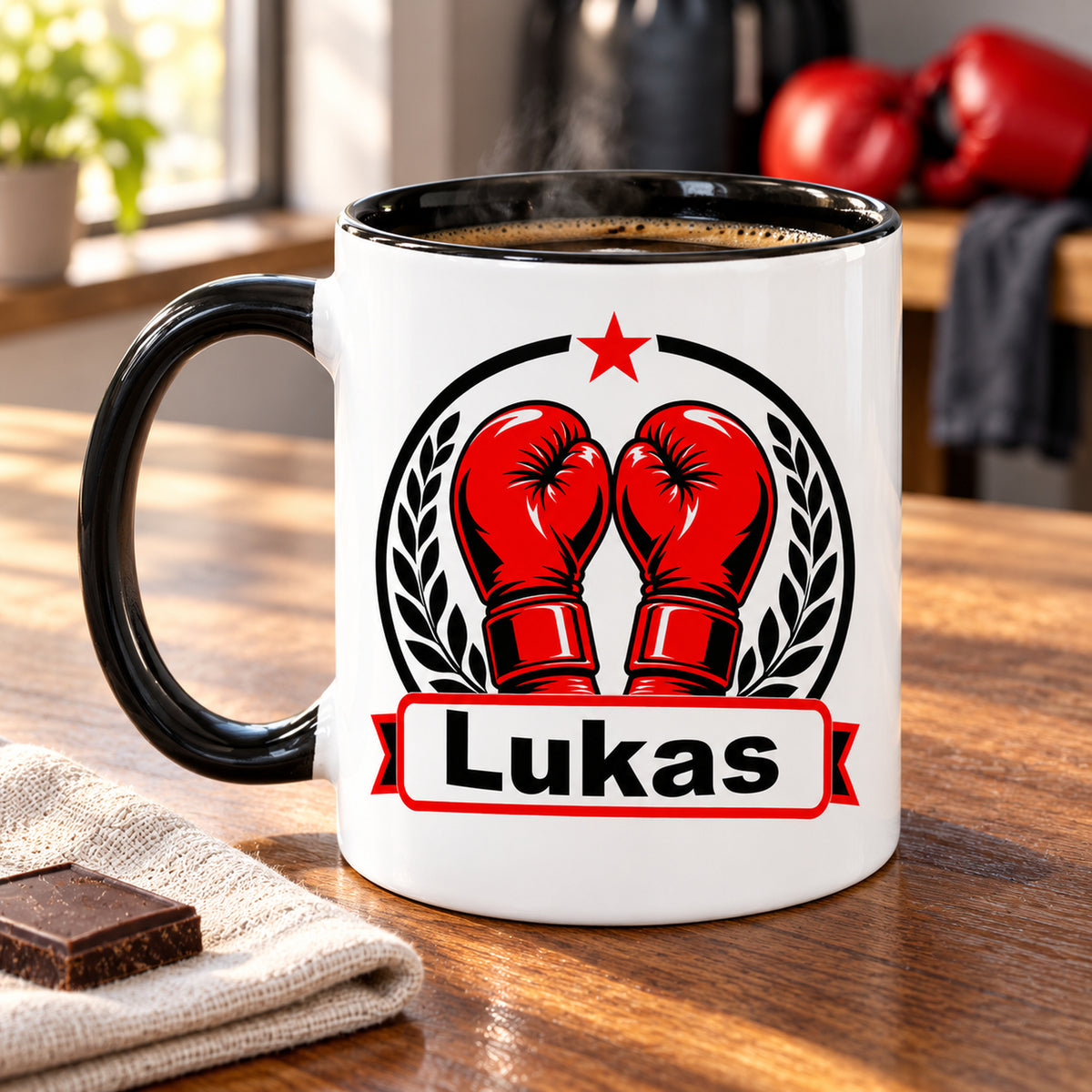 Boxemblem-Tasse mit Wunschname und Kaffee auf einem Holztisch, mit Boxhandschuhen im Hintergrund.