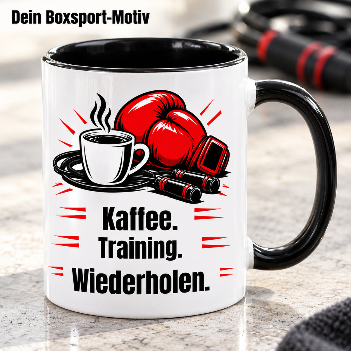 Weiße Boxsport-Tasse mit schwarzem Henkel, Rand und Innerem und Spruch „Kaffee. Training. Wiederholen.“ – Nahaufnahme des gedruckten Boxsport-Motivs.