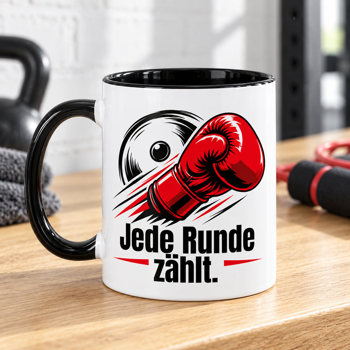 Weiße Boxsport-Tasse mit schwarzem Henkel, Rand und Innerem und Spruch „Jede Runde zählt.“ – Rückseite der Tasse mit identischem Motiv und Henkel links.