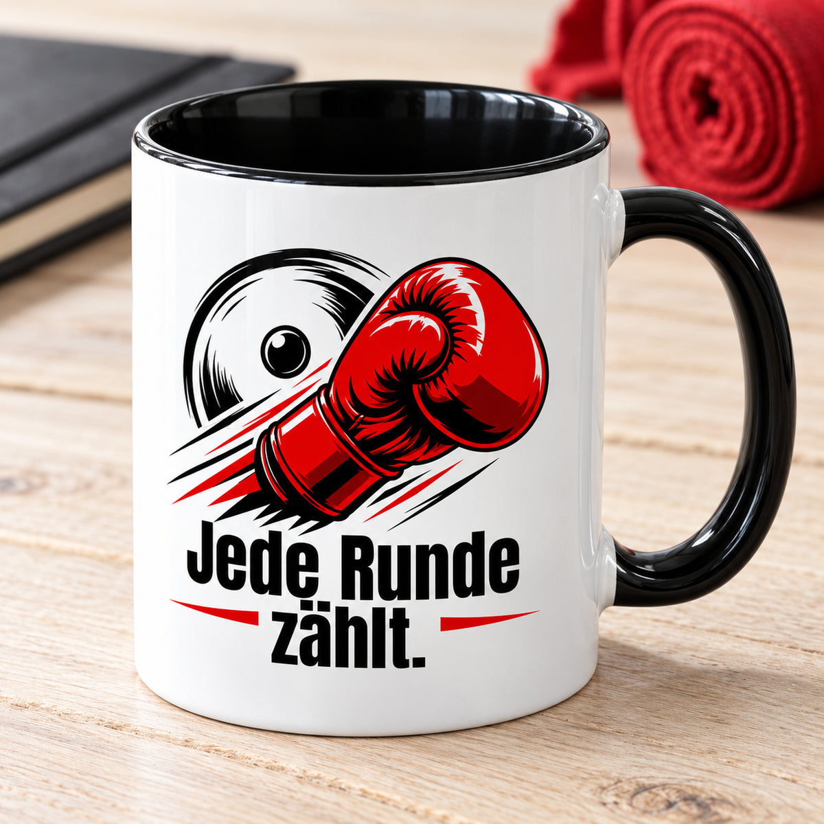 Weiße Boxsport-Tasse mit schwarzem Henkel, Rand und Innerem und Spruch „Jede Runde zählt.“ – Dreiviertelansicht mit sichtbarer schwarzer Innenseite.