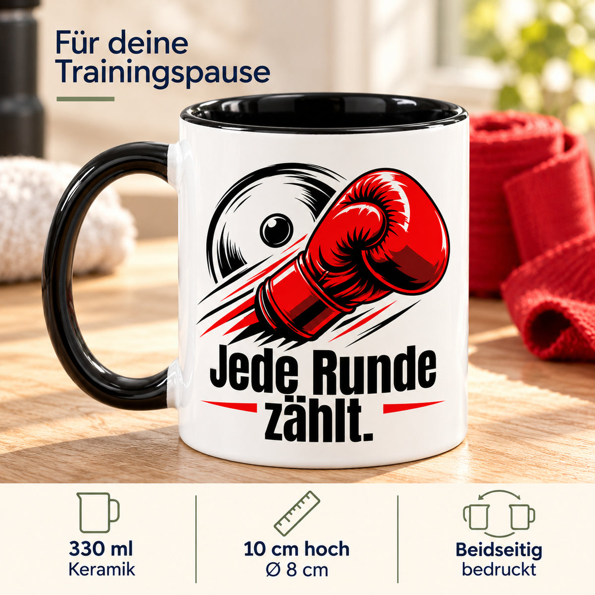 Weiße Boxsport-Tasse mit schwarzem Henkel, Rand und Innerem und Spruch „Jede Runde zählt.“ – Produktdetails zu 330 ml Keramik, 10 cm Höhe, 8 cm Durchmesser und beidseitigem Druck.