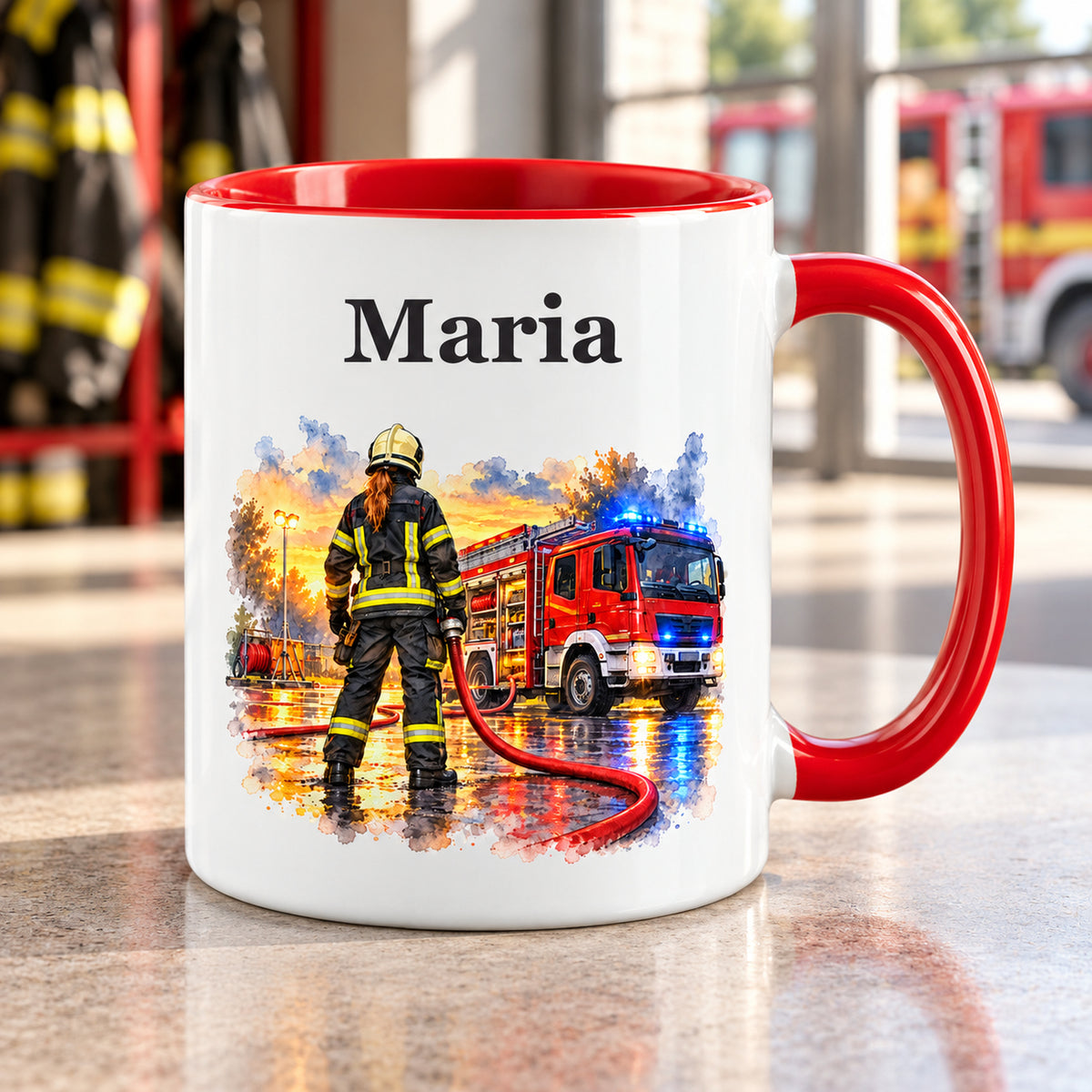 Tasse mit Feuerwehrfrau im Motiv „Bereit zum Einsatz“, rotem Henkel und roter Innenseite