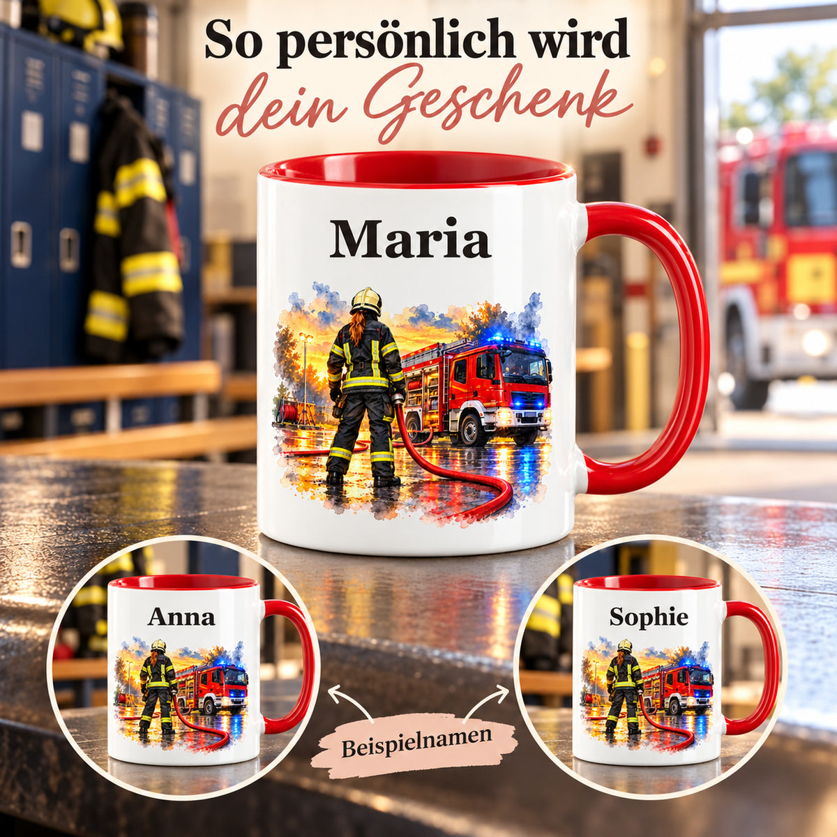 Beispiele für Wunschnamen auf der Feuerwehrtasse mit Feuerwehrfrau im Motiv „Bereit zum Einsatz“