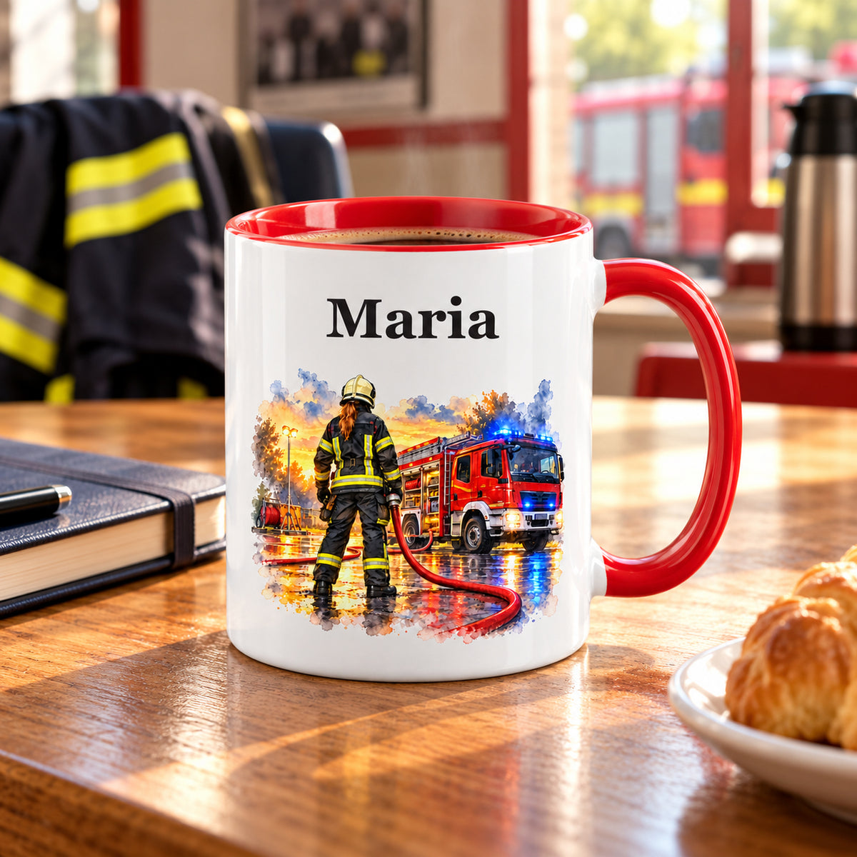 Personalisierte Tasse mit Feuerwehrfrau im Motiv „Bereit zum Einsatz“ in einer Feuerwehrszene