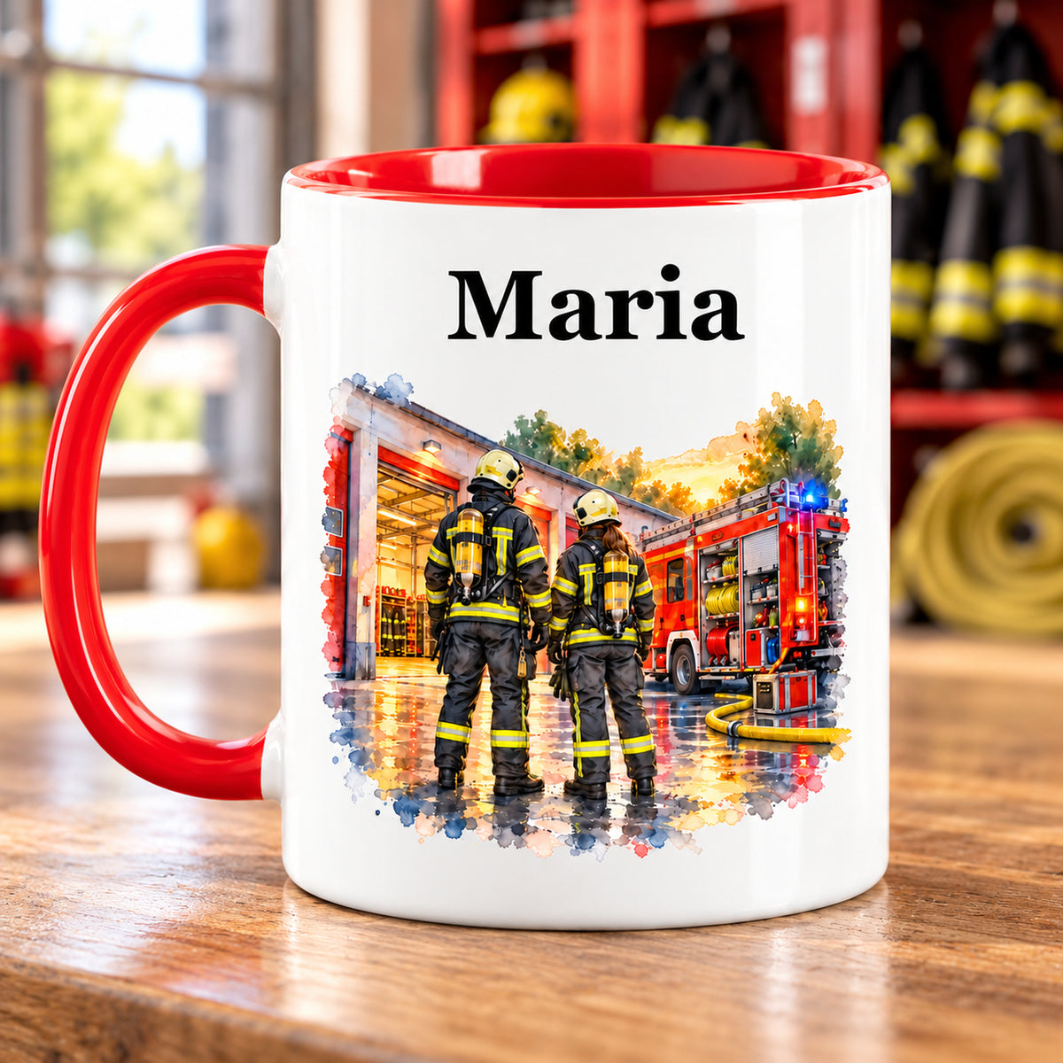 Gegenseite der personalisierten Tasse mit Feuerwehrfrau im Motiv „Gemeinsam stark“