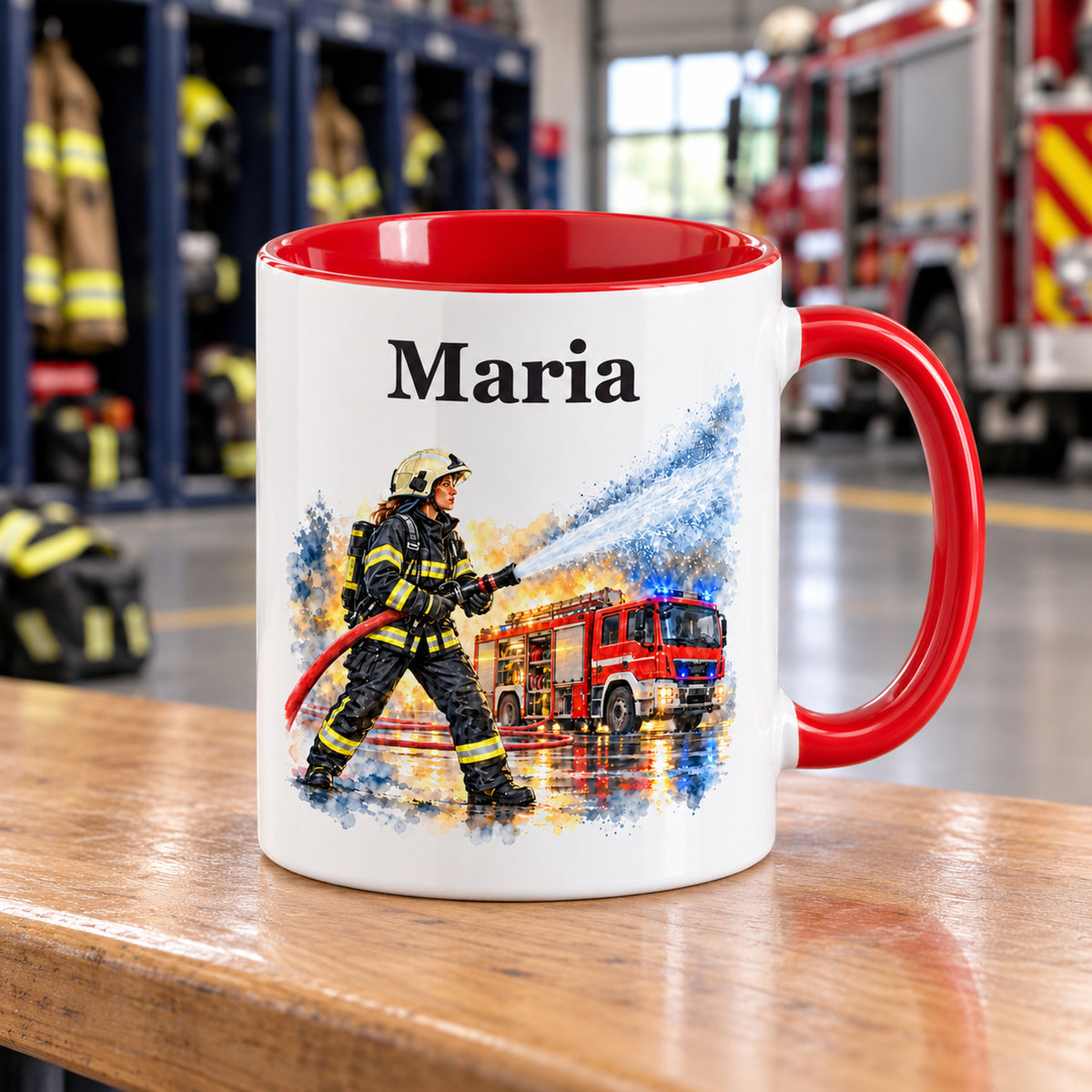 Schräge Ansicht der Tasse mit Feuerwehrfrau im Motiv „Wasser marsch“