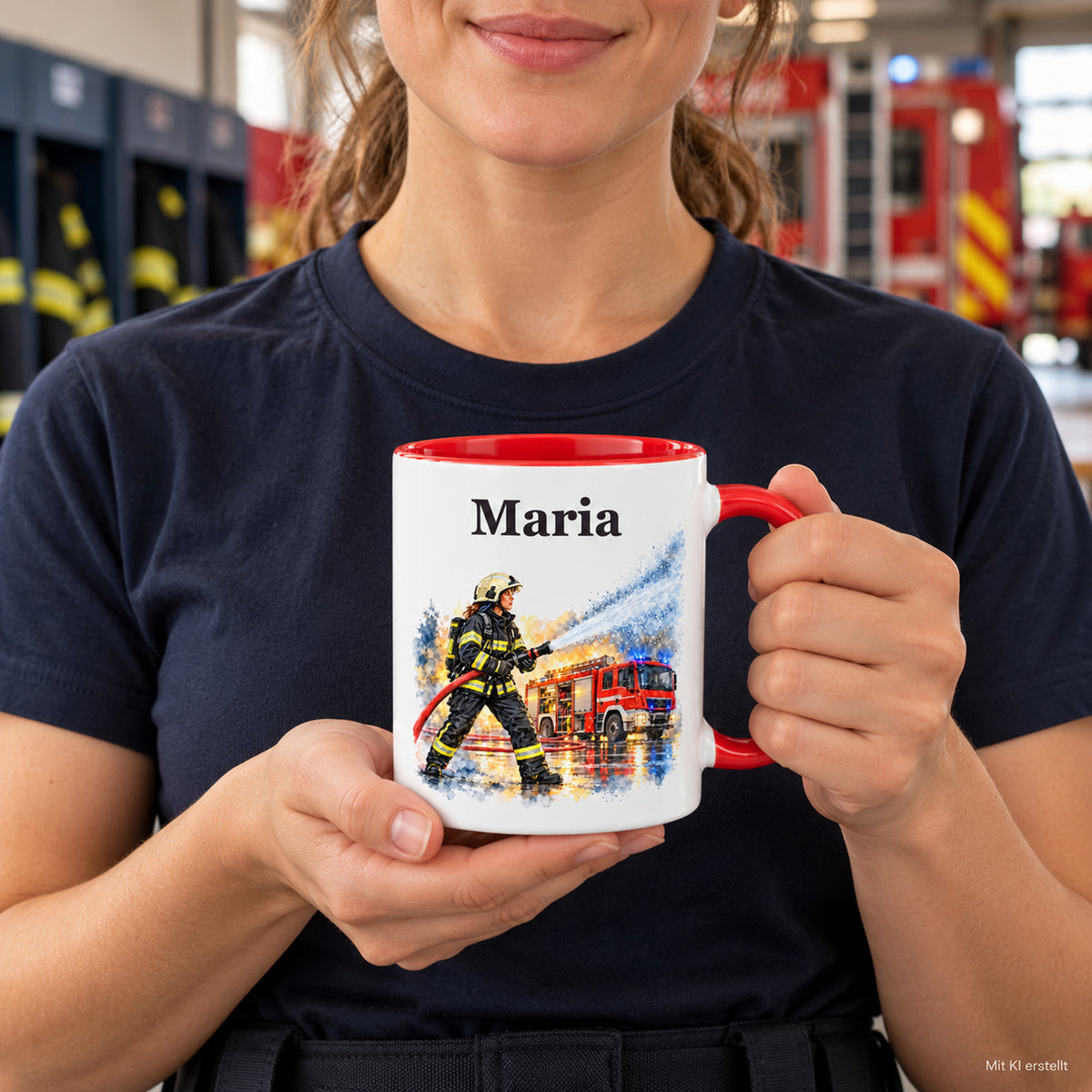 Personalisierte Tasse mit Feuerwehrfrau im Motiv „Wasser marsch“, in Händen gehalten