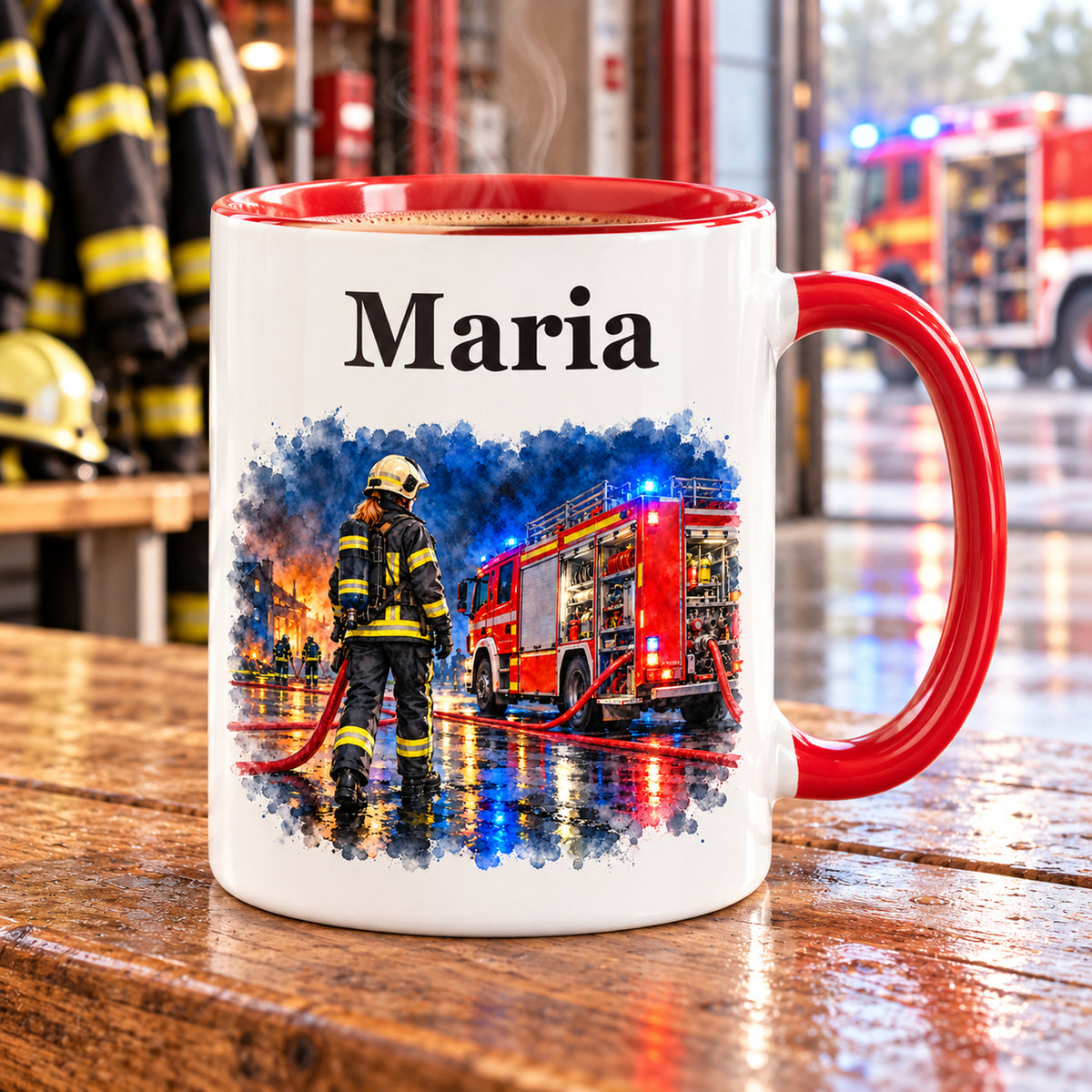 Tasse mit Feuerwehrfrau im Motiv „Blaulicht bei Nacht“, rotem Henkel und roter Innenseite