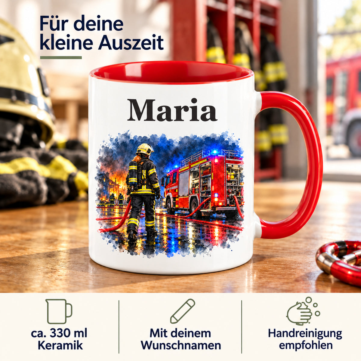 Eigenschaften der Feuerwehrtasse „Blaulicht bei Nacht“: Keramik, ca. 330 ml, Wunschname und Handreinigung