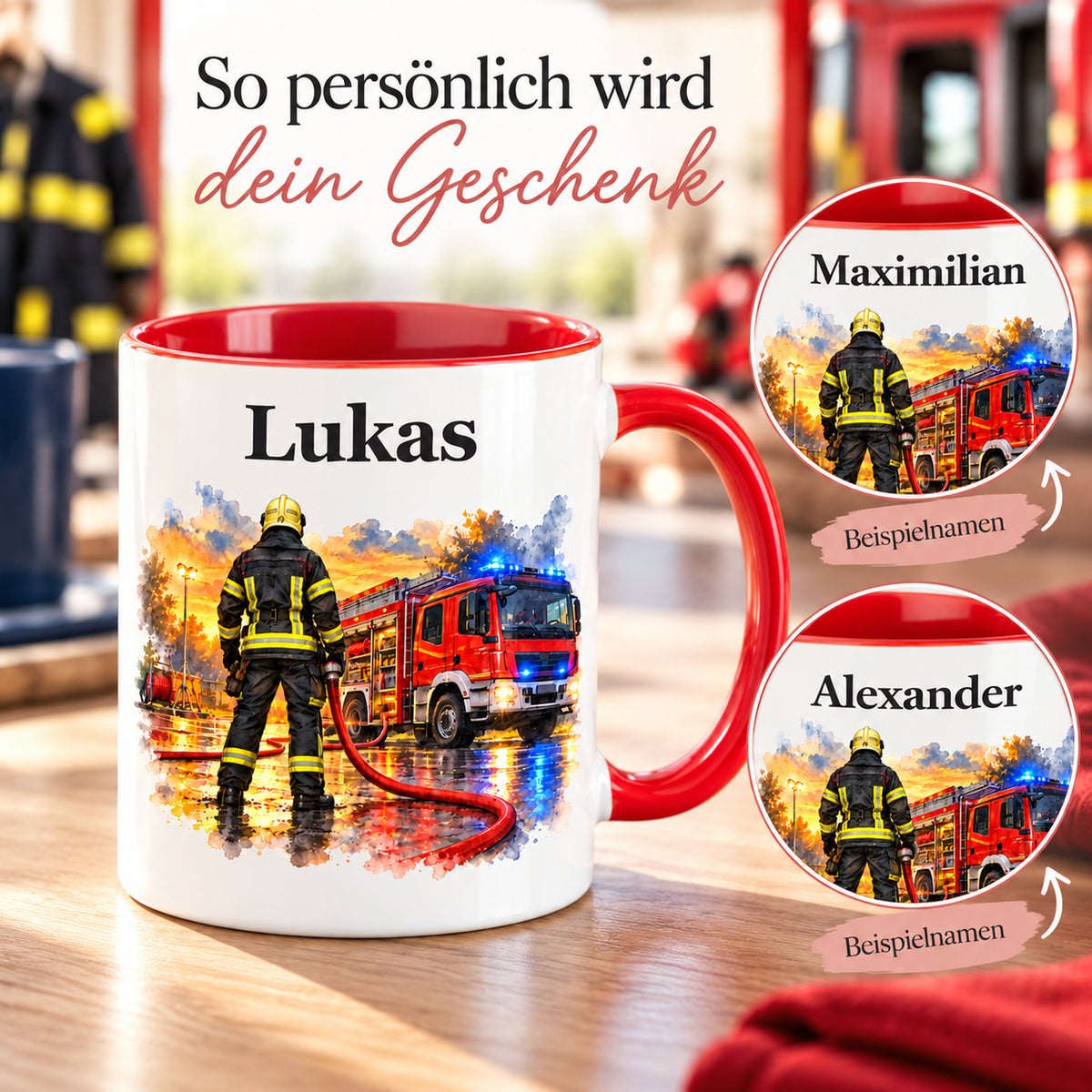 Beispiele für Wunschnamen auf der Feuerwehrtasse mit Feuerwehrmann im Motiv „Bereit zum Einsatz“