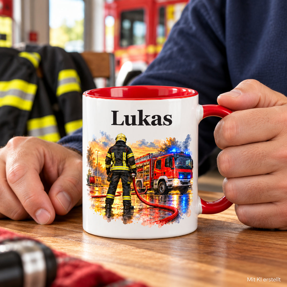 Personalisierte Tasse mit Feuerwehrmann im Motiv „Bereit zum Einsatz“, in Händen gehalten