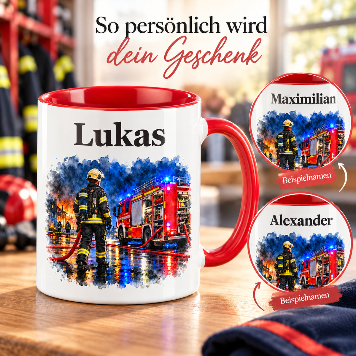 Beispiele für Wunschnamen auf der Feuerwehrtasse mit Feuerwehrmann im Motiv „Blaulicht bei Nacht“