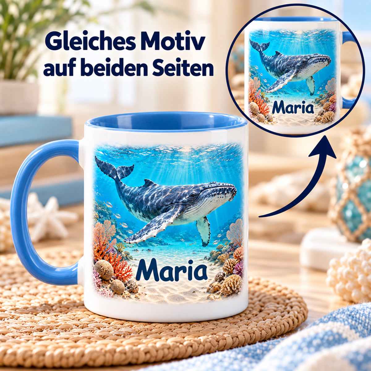 Wal-Tasse mit Wunschname und Korallenriff auf beiden Seiten und vergrößertem Motivdetail