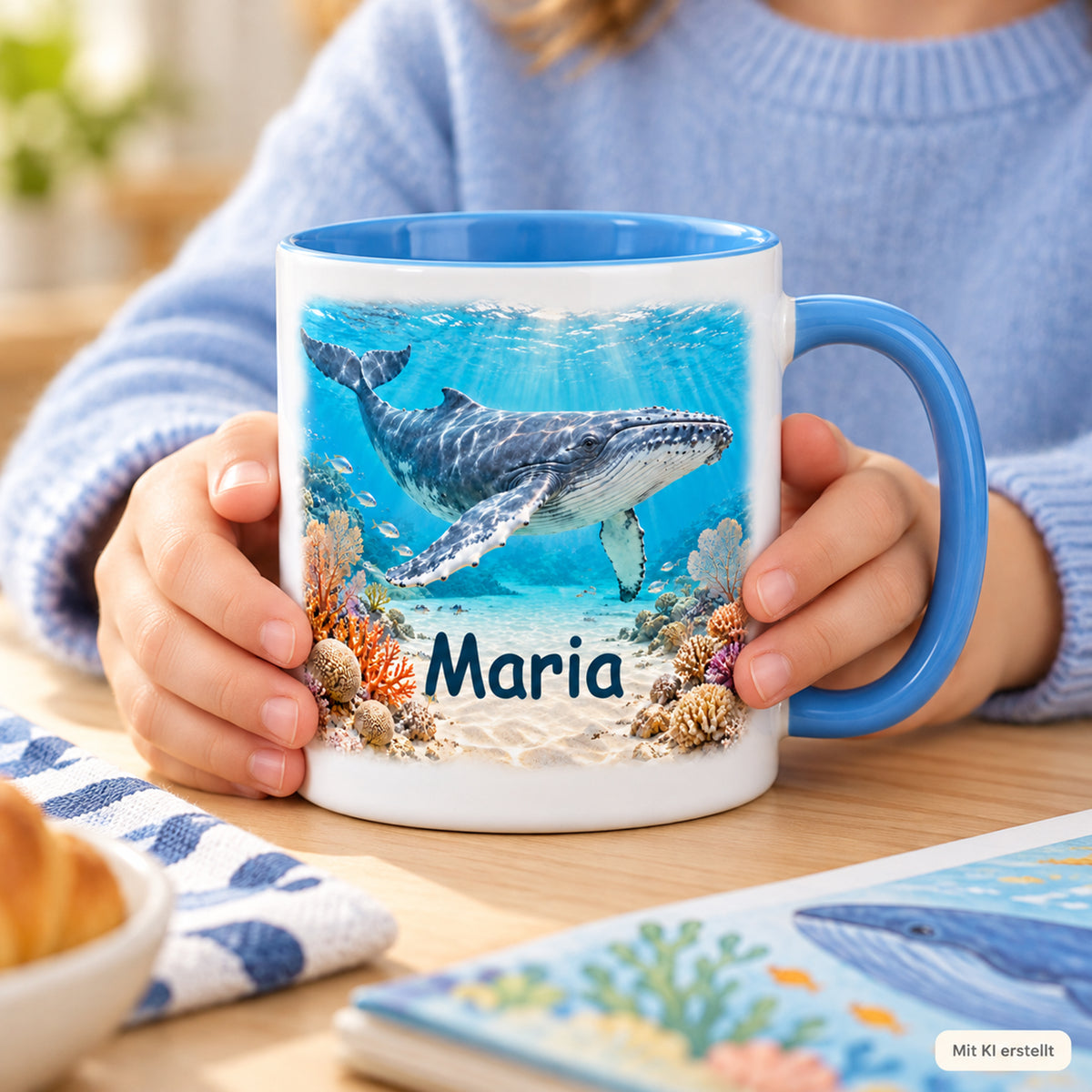 Hände halten die Wal-Tasse im Korallenriff mit Name Maria am Tisch