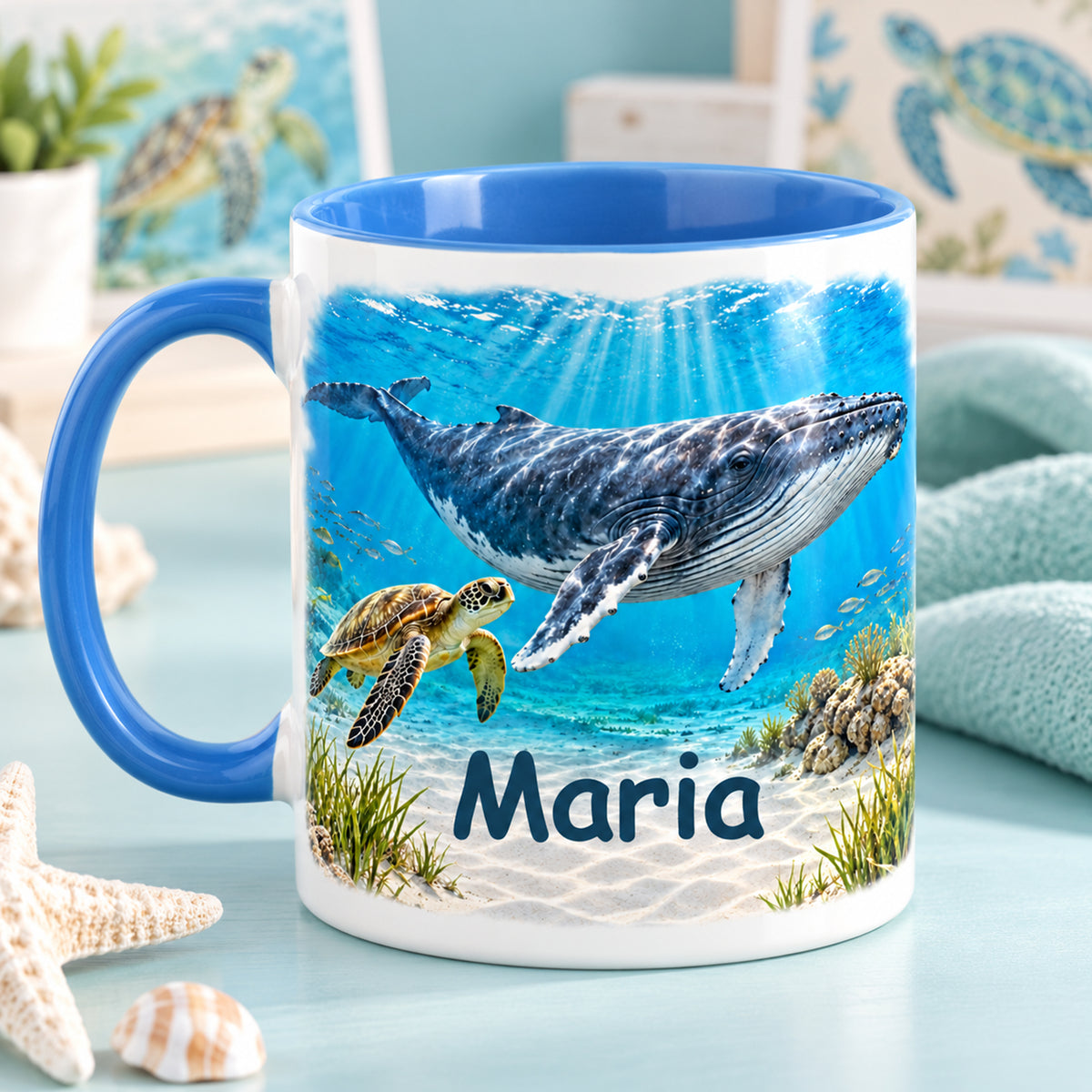 Wal-Tasse mit Wunschname und Meeresschildkröte auf der Rückseite