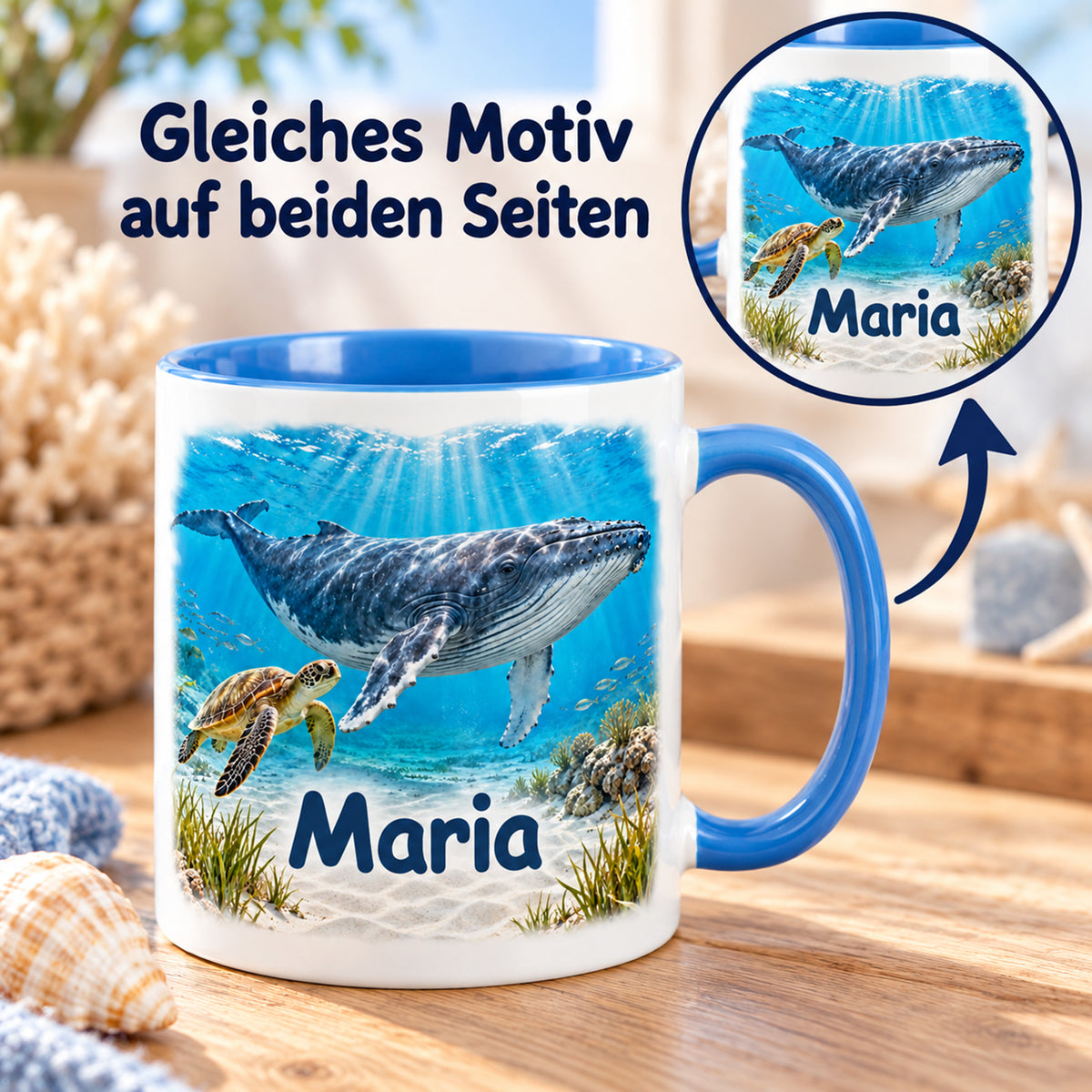 Wal-Tasse mit Wunschname und Meeresschildkröte auf beiden Seiten und vergrößertem Motivdetail