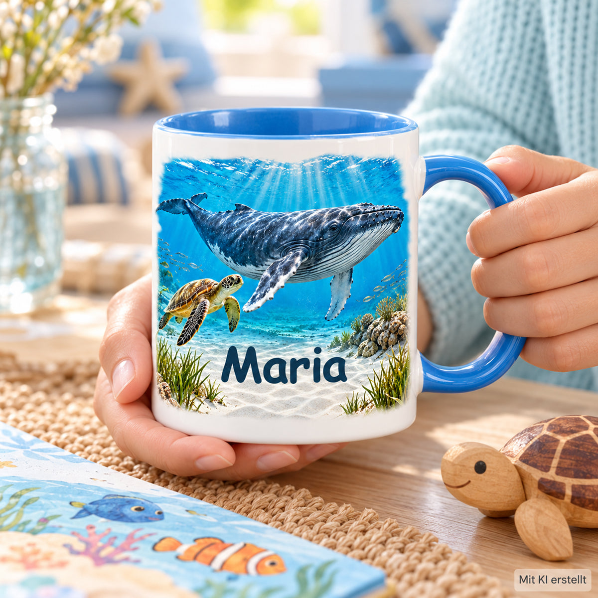 Hände halten die Wal-Tasse mit Meeresschildkröte und Name Maria am Tisch