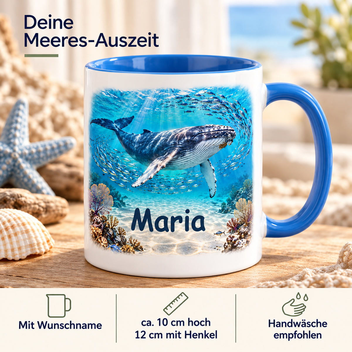 Wal-Tasse mit Fischschwarm und Name Maria: ca. 10 cm hoch, ca. 12 cm mit Henkel, Handwäsche empfohlen