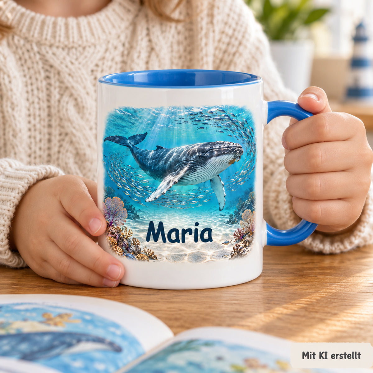 Hände halten die Wal-Tasse mit Fischschwarm und Name Maria am Tisch