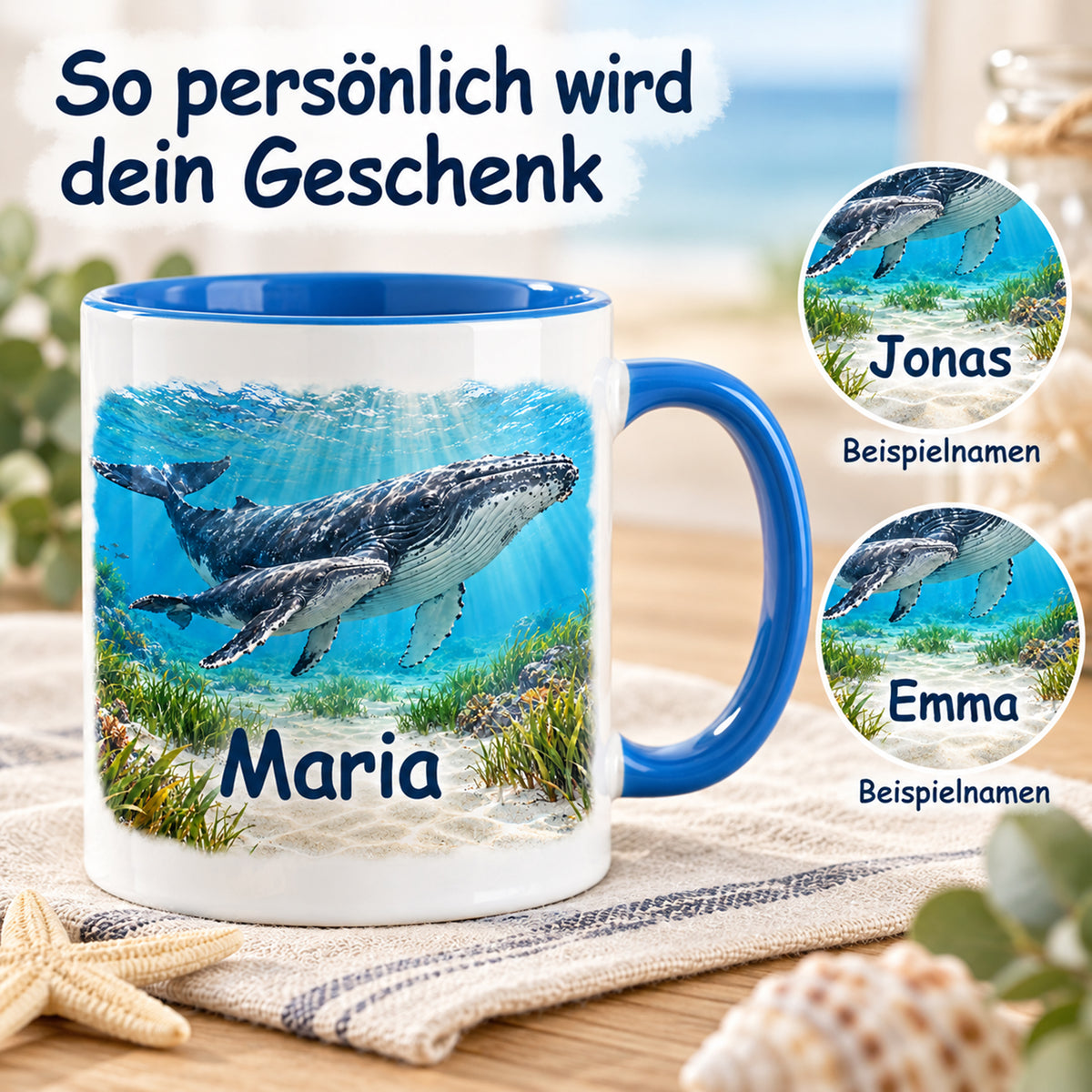 Wal-Tasse mit Jungtier, Hauptname Maria und Namensbeispielen Jonas und Emma