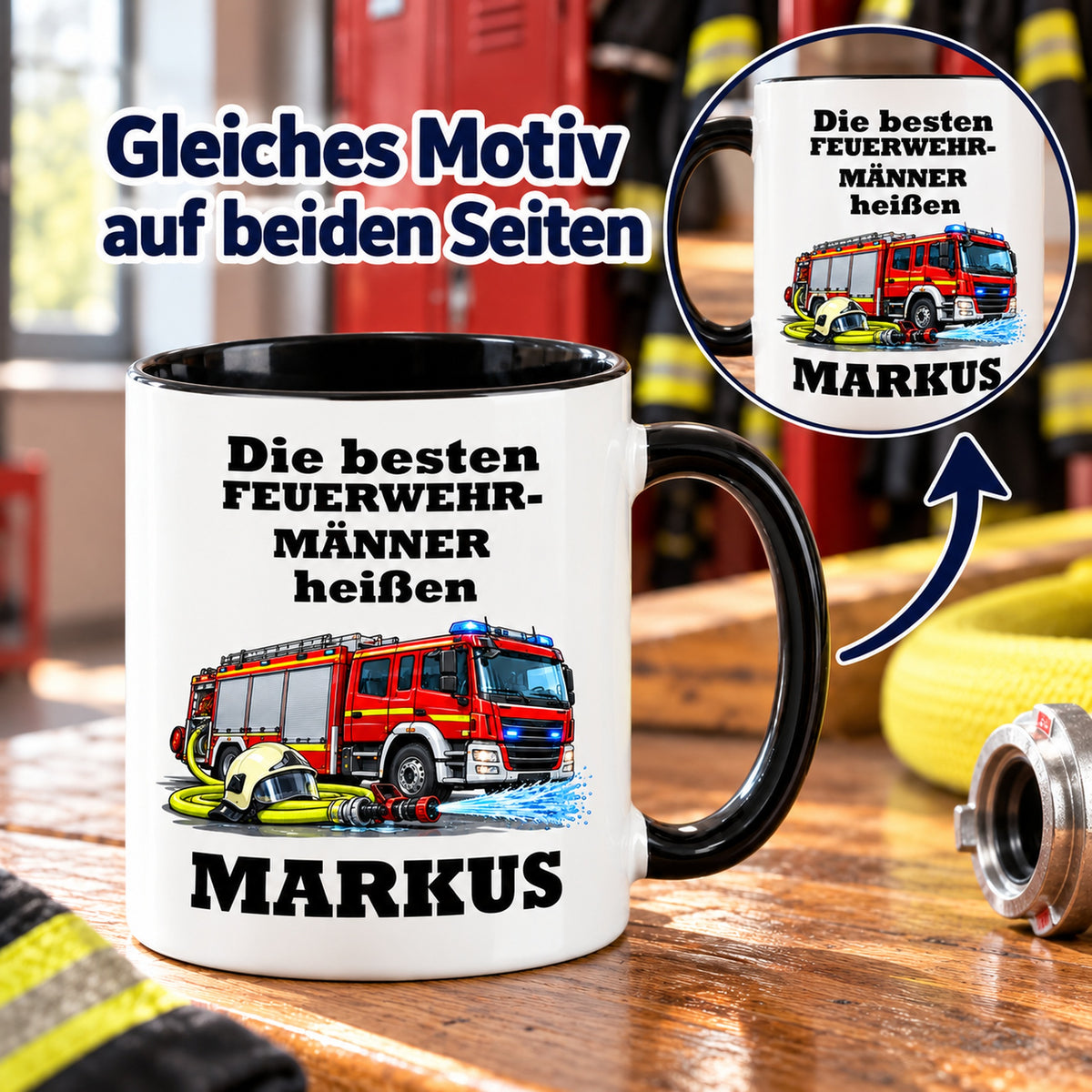 Feuerwehrmann-Tasse mit Detailansicht des identischen Motivdrucks auf beiden Seiten.