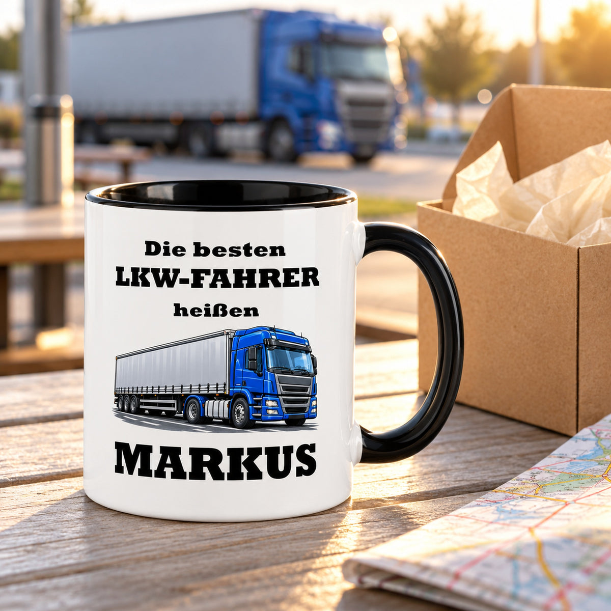 LKW-Fahrer-Tasse als Geschenkidee mit dekorativer Geschenkverpackung; die Verpackung ist nicht enthalten.