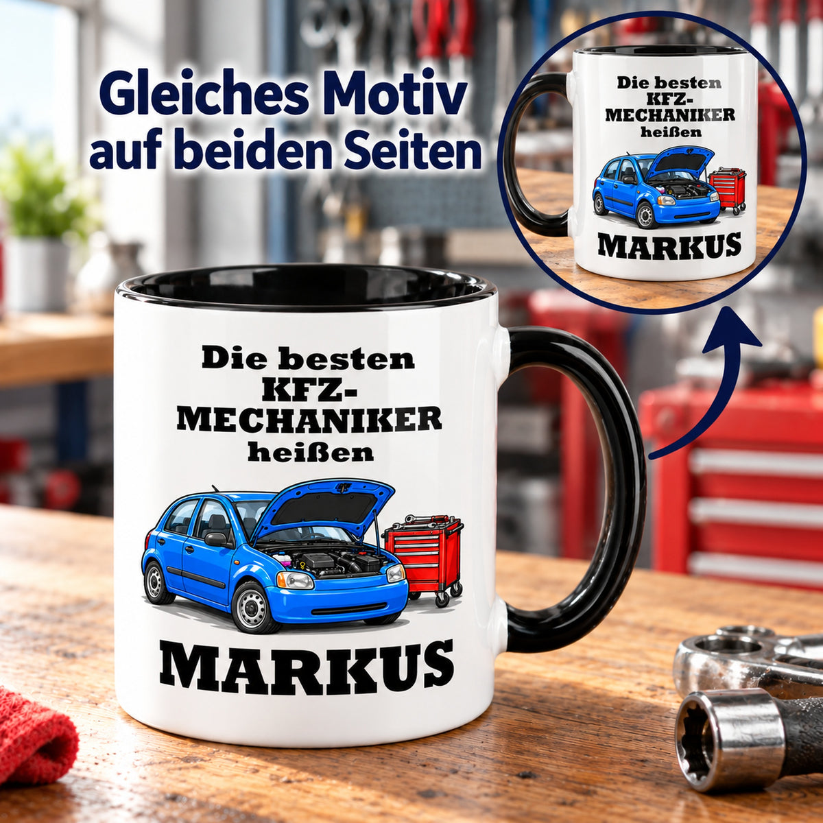 KFZ-Mechaniker-Tasse mit Detailansicht des identischen Motivdrucks auf beiden Seiten.