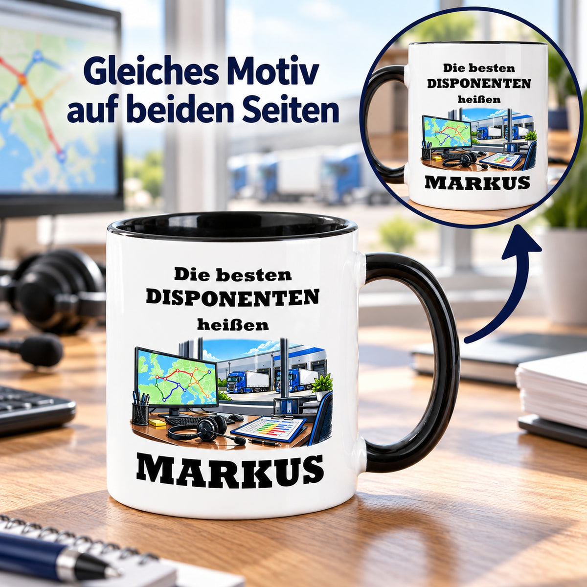 Disponent-Tasse mit Detailansicht des identischen Motivdrucks auf beiden Seiten.