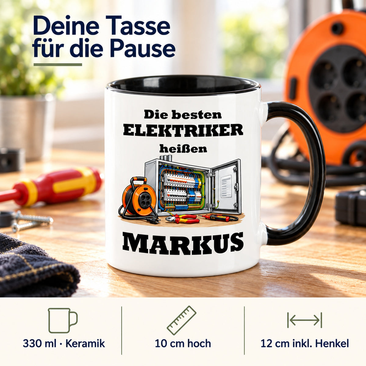 Produktdetails der Elektriker-Tasse: Keramik, 330 ml, 10 cm hoch und 12 cm breit einschließlich Henkel.