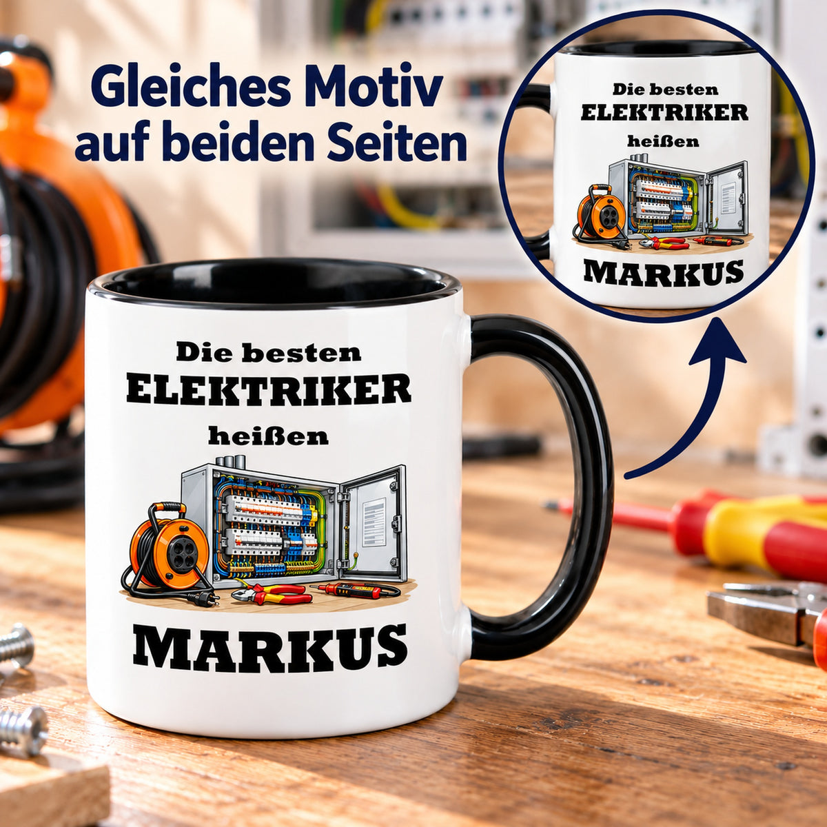 Elektriker-Tasse mit Detailansicht des identischen Motivdrucks auf beiden Seiten.