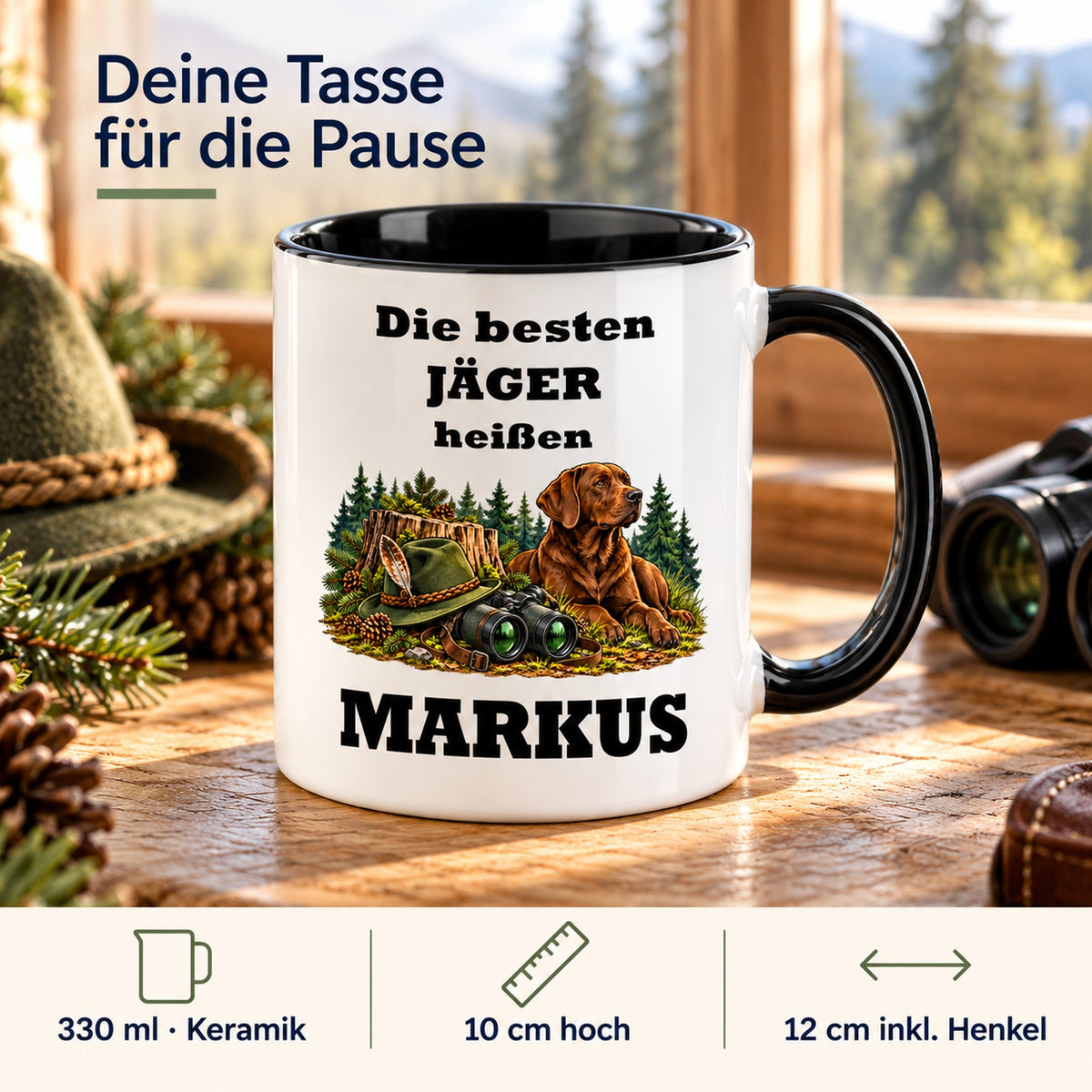 Produktdetails der Jäger-Tasse: Keramik, 330 ml, 10 cm hoch und 12 cm breit einschließlich Henkel.