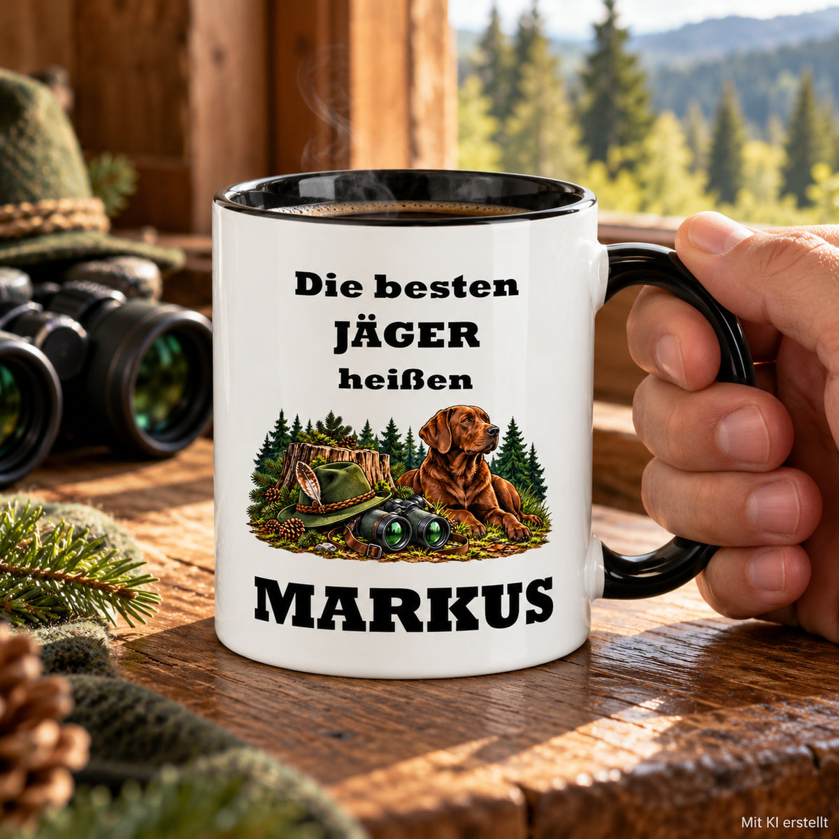Personalisierte Jäger-Tasse in Händen, mit schwarzer Innenseite und Hinweis auf das KI-erstellte Foto.