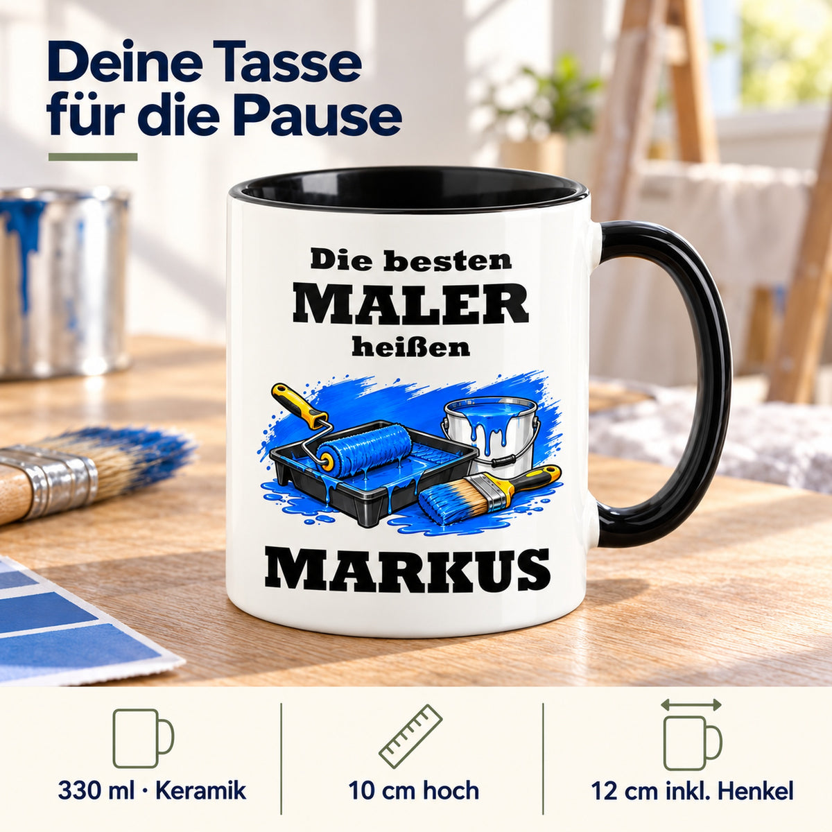Produktdetails der Maler-Tasse: Keramik, 330 ml, 10 cm hoch und 12 cm breit einschließlich Henkel.