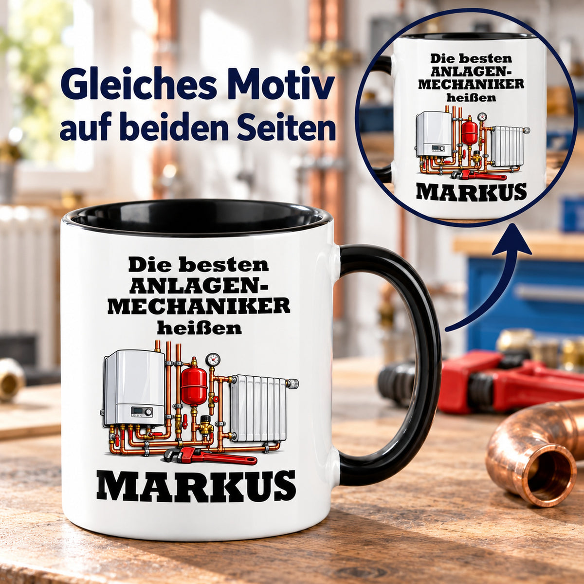 Anlagenmechaniker-Tasse mit Detailansicht des identischen Motivdrucks auf beiden Seiten.