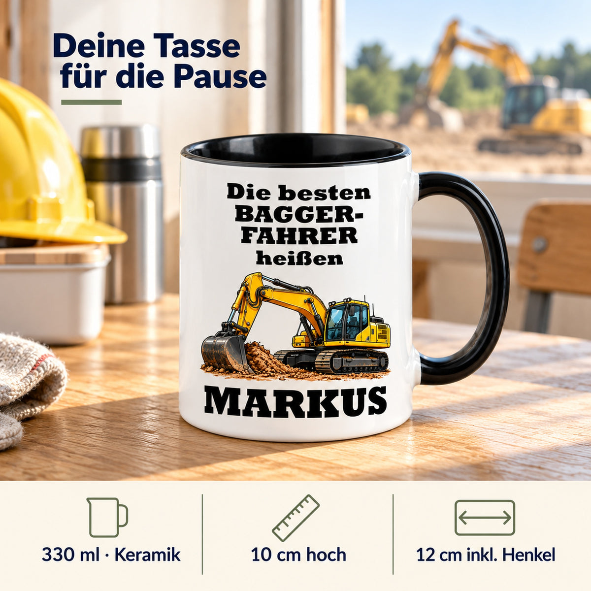 Produktdetails der Baggerfahrer-Tasse: Keramik, 330 ml, 10 cm hoch und 12 cm breit einschließlich Henkel.