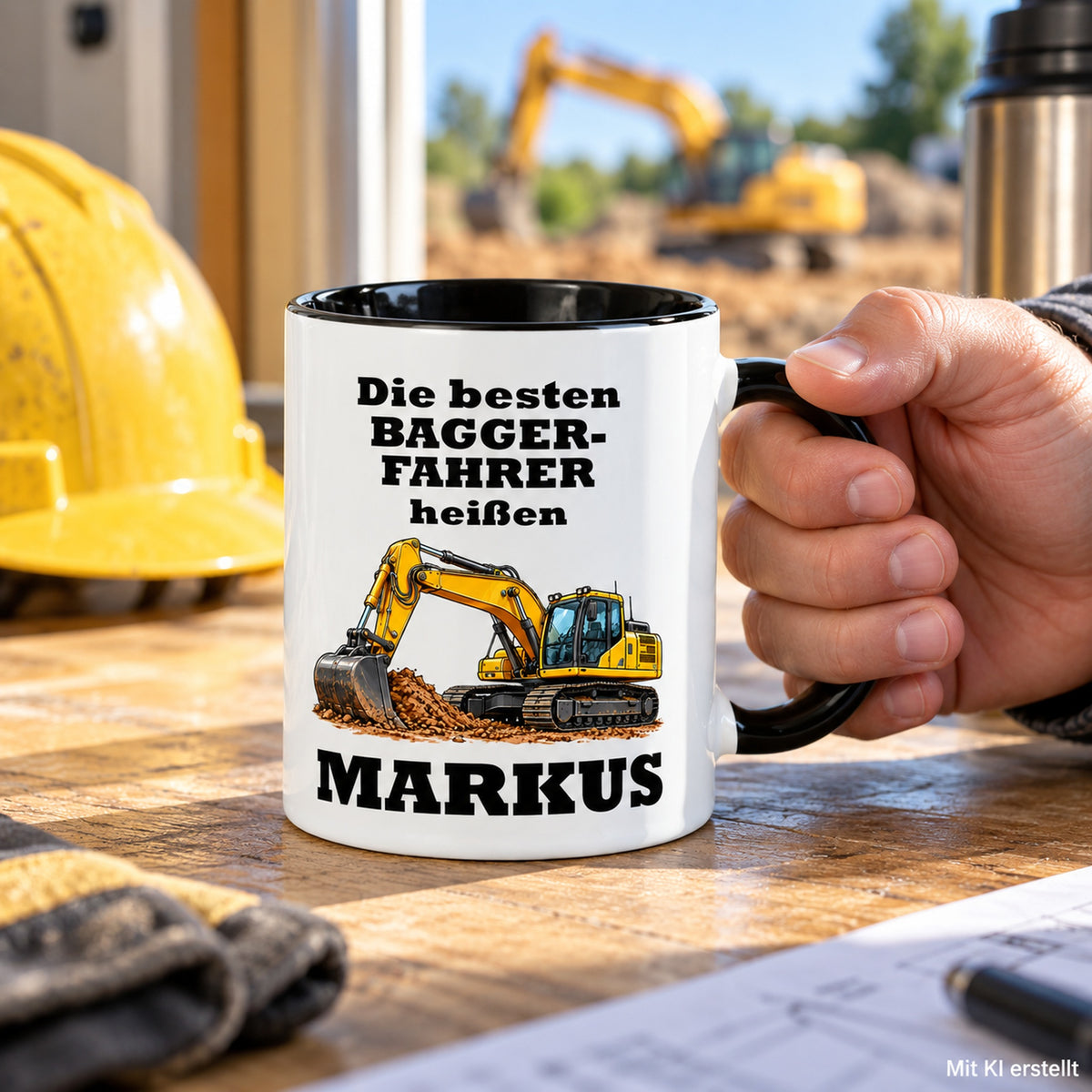Personalisierte Baggerfahrer-Tasse in Händen, mit schwarzer Innenseite und Hinweis auf das KI-erstellte Foto.