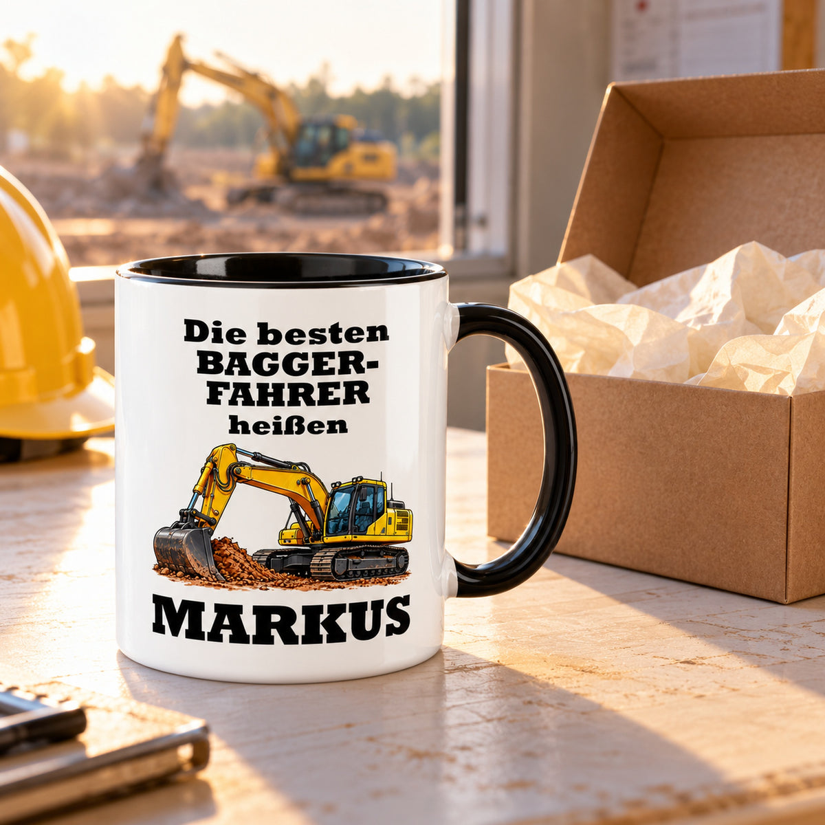 Baggerfahrer-Tasse als Geschenkidee mit dekorativer Geschenkverpackung; die Verpackung ist nicht enthalten.