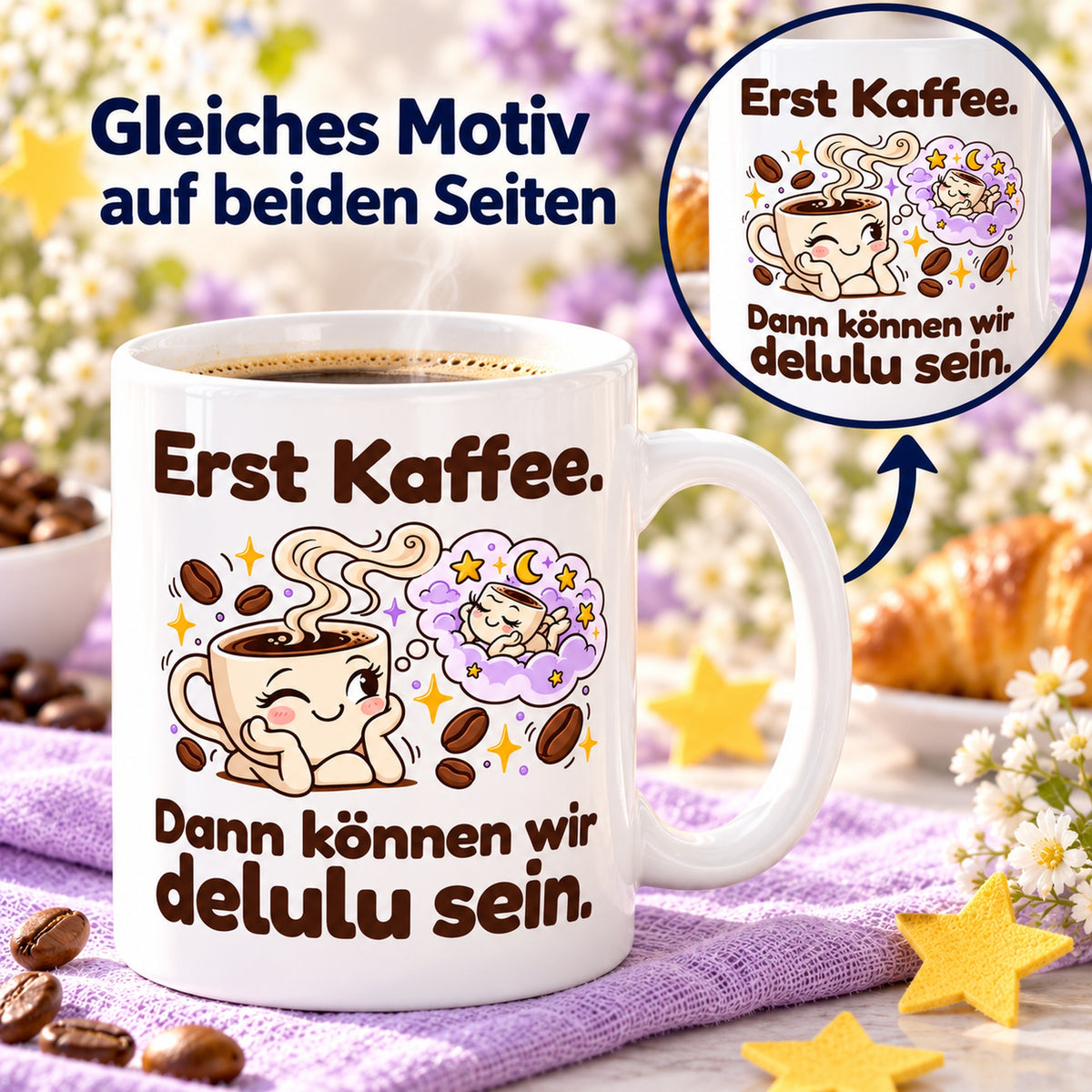 Tasse „Delulu“ mit Detailkreis und Pfeil als Hinweis auf das gleiche Motiv auf beiden Seiten.
