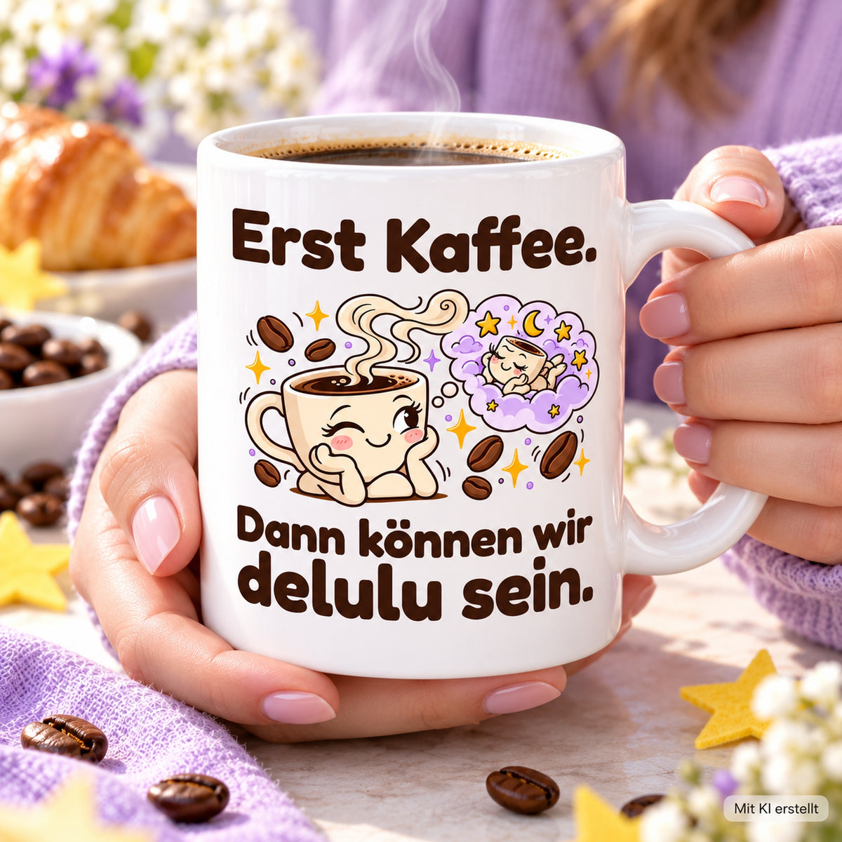 Erwachsene Hände halten die weiße 330-ml-Tasse „Delulu“ mit sichtbarem Spruch und Cartoonmotiv.