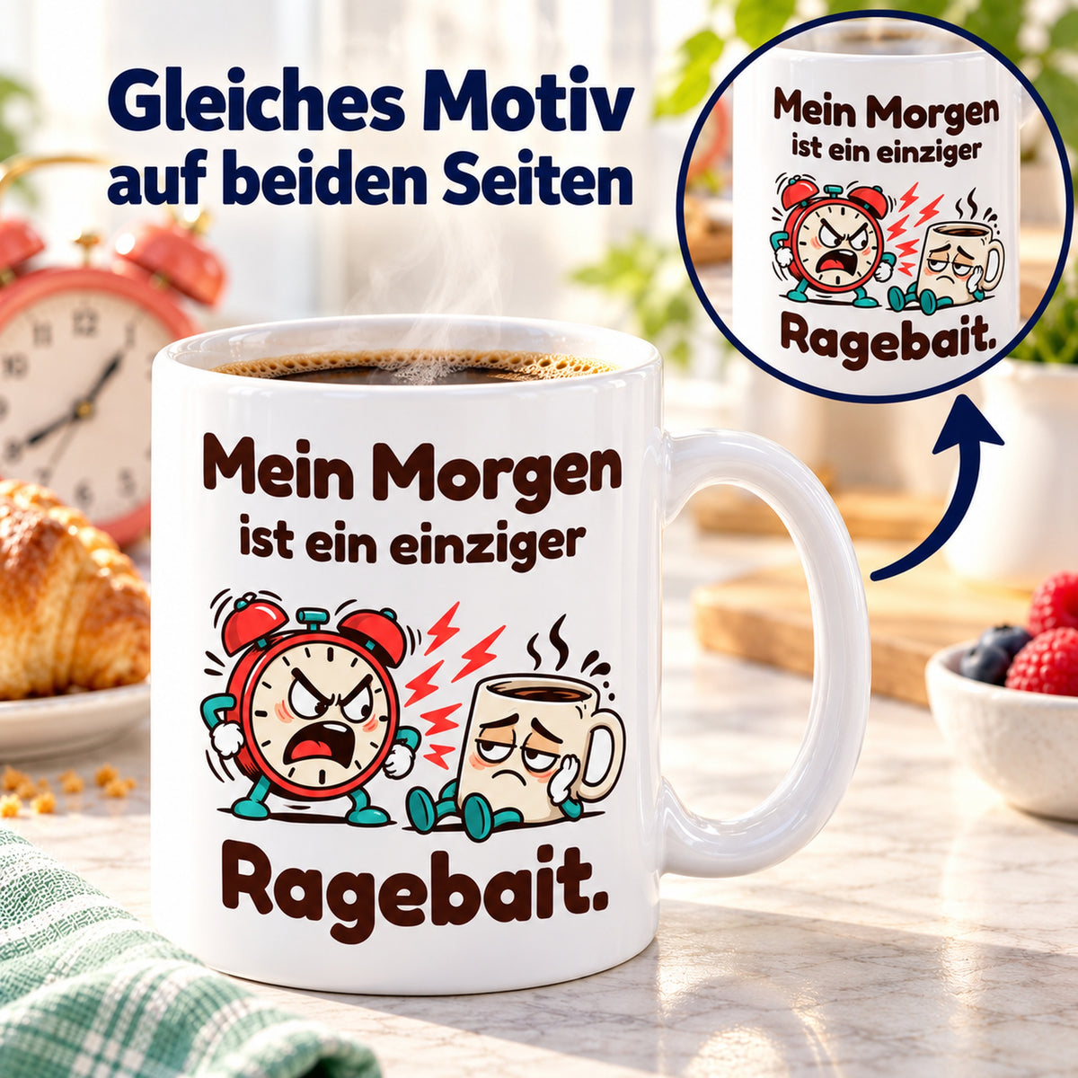 Tasse „Ragebait“ mit Detailkreis und Pfeil als Hinweis auf das gleiche Motiv auf beiden Seiten.