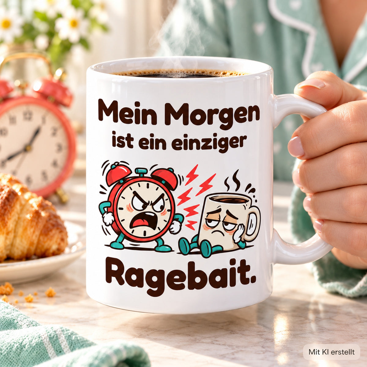Erwachsene Hände halten die weiße 330-ml-Tasse „Ragebait“ mit sichtbarem Spruch und Cartoonmotiv.