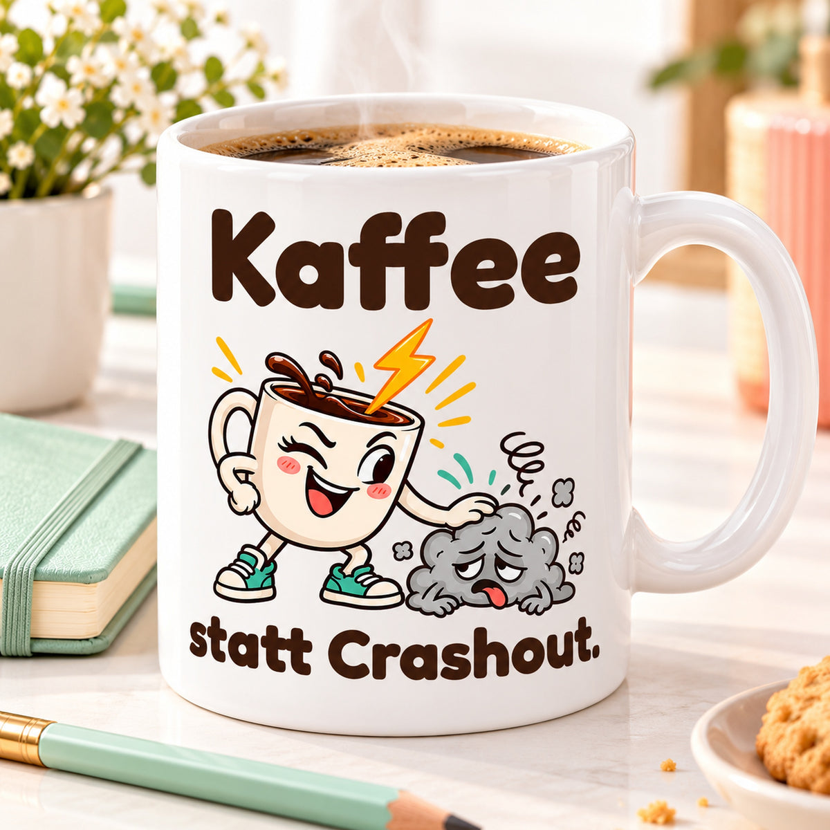 Weiße Keramiktasse mit dem Spruch „Kaffee statt Crashout.“ und farbigem Cartoonmotiv auf einem aufgeräumten Schreibtisch.