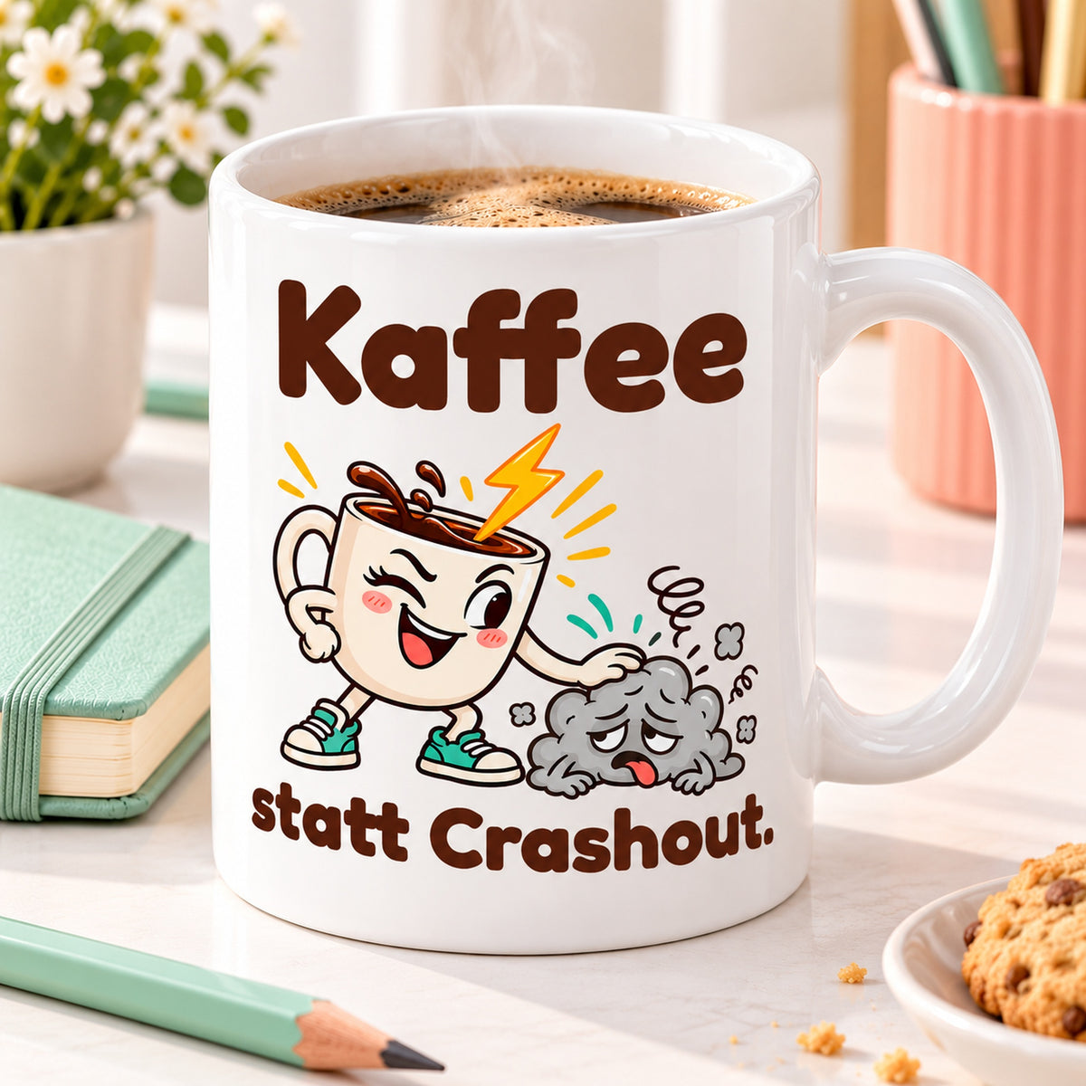 Schrägansicht der Keramiktasse „Crashout“ mit weißem Innenraum, Henkel und vollständigem Motiv.