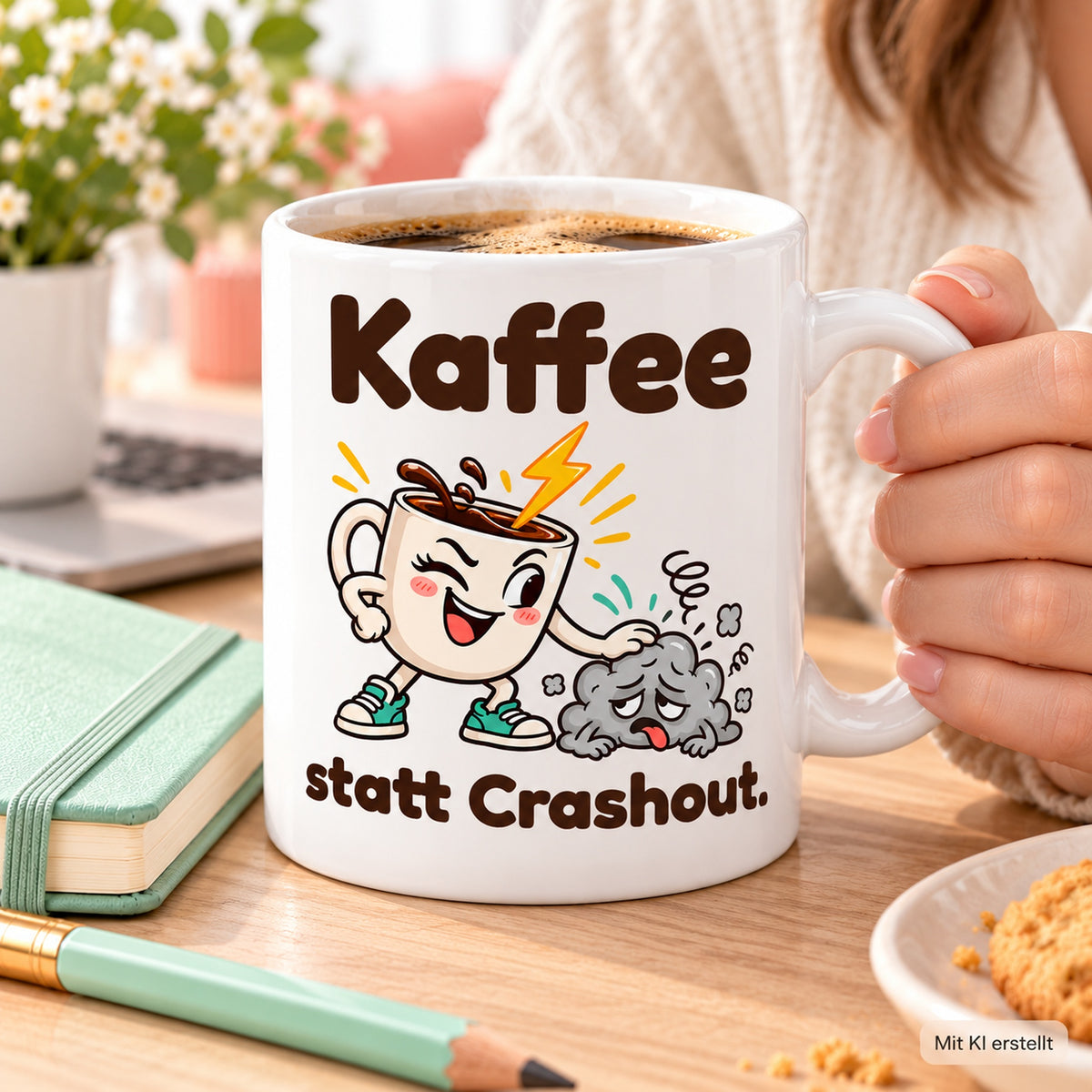 Erwachsene Hände halten die weiße 330-ml-Tasse „Crashout“ mit sichtbarem Spruch und Cartoonmotiv.