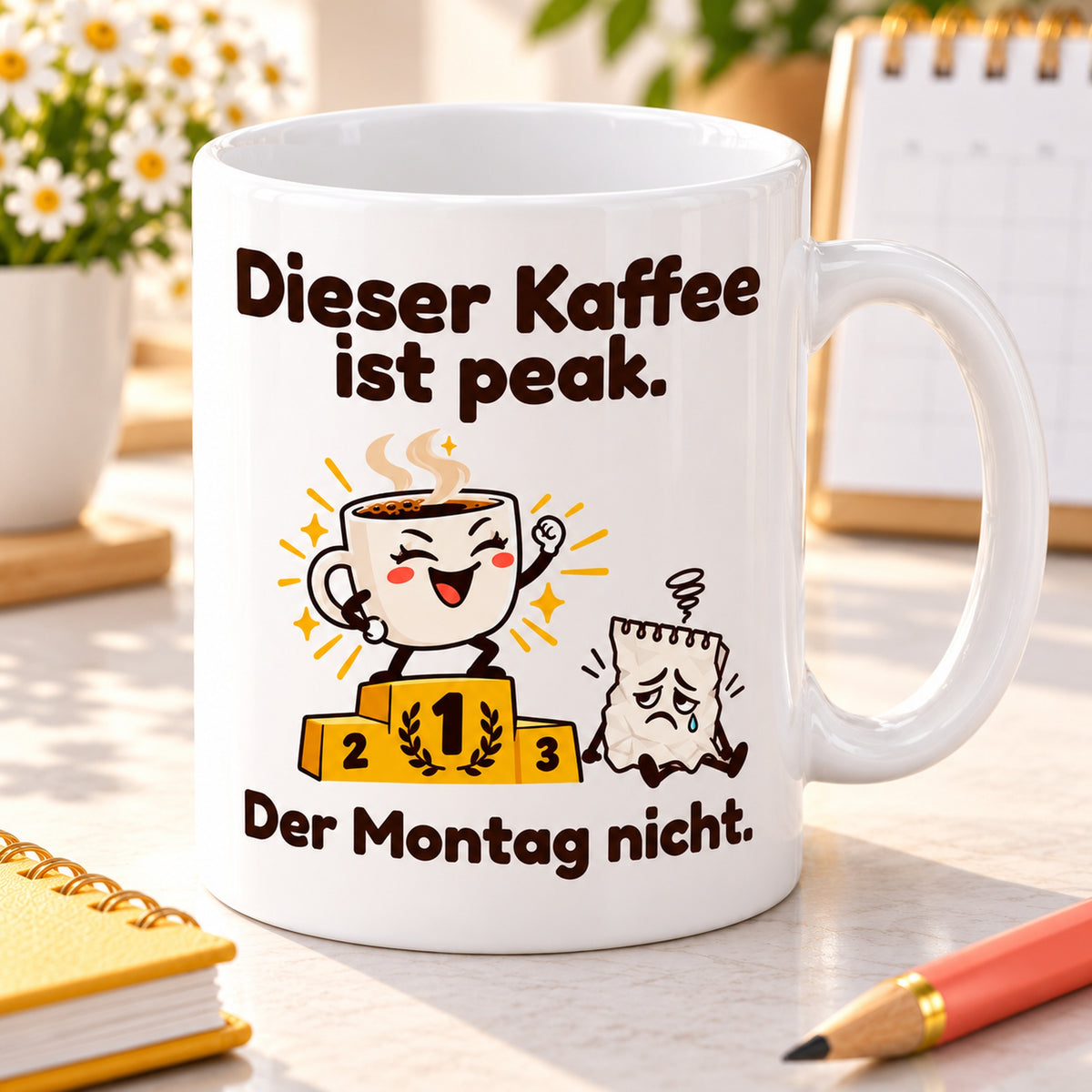 Schrägansicht der Keramiktasse „Peak & Montag“ mit weißem Innenraum, Henkel und vollständigem Motiv.